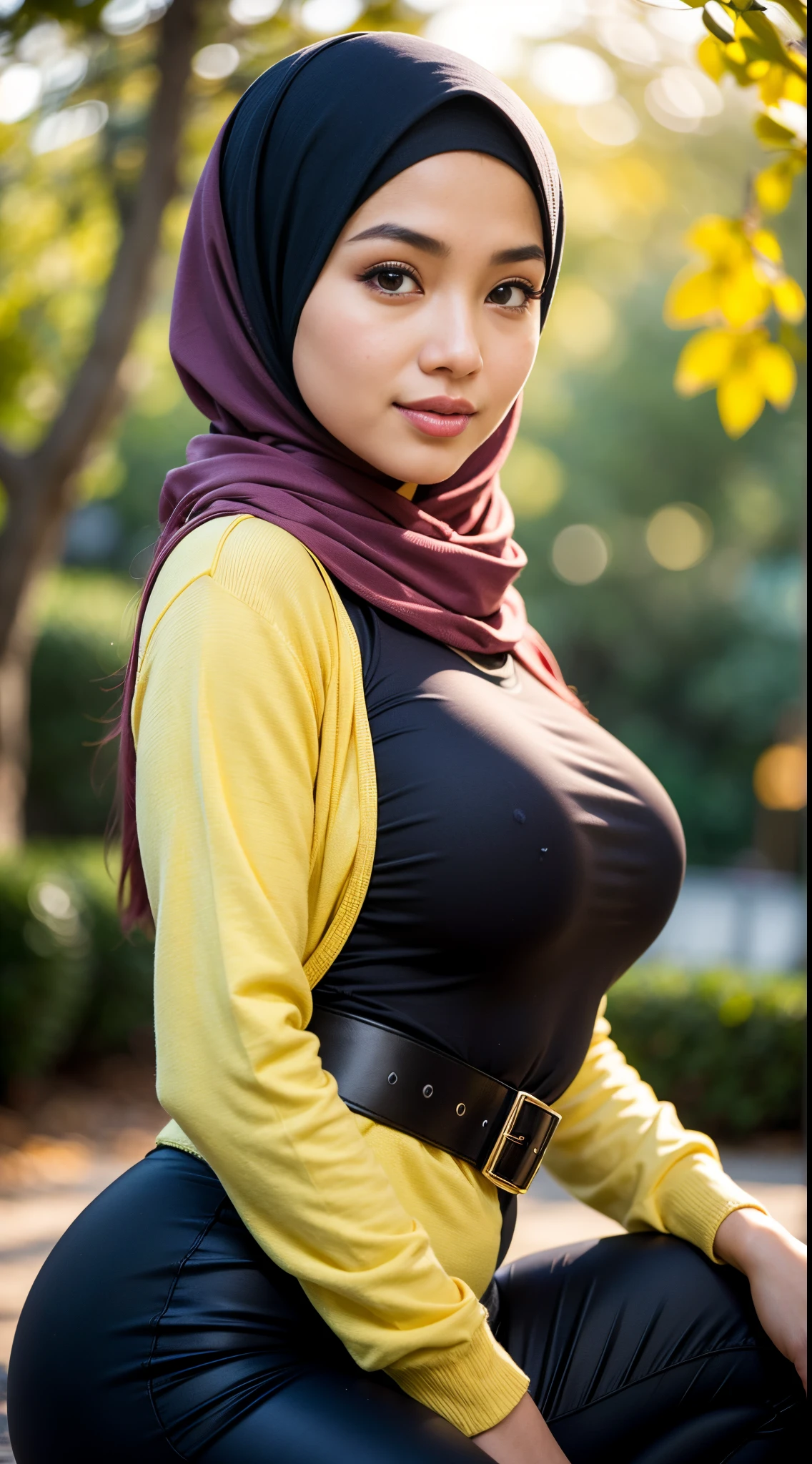 1 Malay girl, modern plain hijab, shy, medium portrait, watery eyes, RAW, Best quality, high resolution, masterpiece: 1.3), beautiful Malay woman in hijap:0.8),perfect nose,perfect lips, perfect eyes, detail :1.2), soft smile,Beautiful woman wearing a hijap, wearing a long turkneck t-shirt, thick waist, beautiful fitting breastig breasts, curvy booty, long eyelashes, thin smile, thick thighs, strong calves, She wears a yellow jacket, tight casual pants, belt, he  waiting in the park, photorealistic, Masterpiece, bokeh, Volumetric lighting, Autumn mood