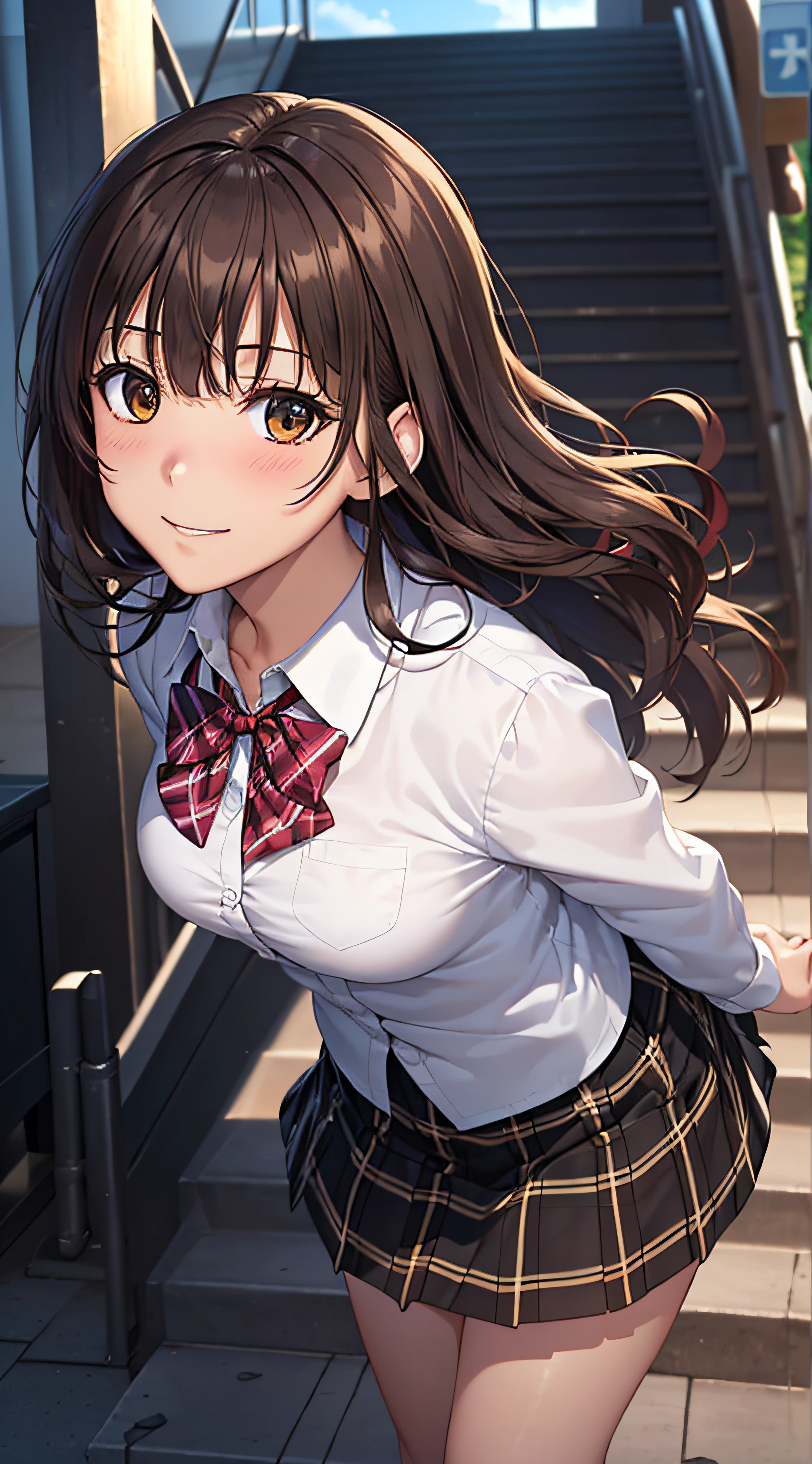 ((masutepiece, Best Quality, hight resolution, nffsw, Perfect Pixel,  4K, nffsw, nffsw))), 1girl in, Single, Solo, Beautie、full body seen、 ((Middle Wave Hair, Bangs, Brown hair)), ((Brown-eyed, Beautiful eyelashes, Realistic eyes)), ((Detailed face, Blushing:1.2)), ((Smooth texture:0.75, Realistic texture:0.65, Photorealistic:1.1, Anime CG style)), medium breasts, Dynamic Angle, Perfect body,  ((red bowtie, School uniform, , White shirt, Black skirt, plaid skirts))、train station stairs、Windy、Very embarrassing panic smile、turned around、bending forward、Looking up from the bottom of the stairs、 (The wind pulled up my skirt、Touch the skirt with both hands、、You can see all the buttocks、yellow floral panties)、