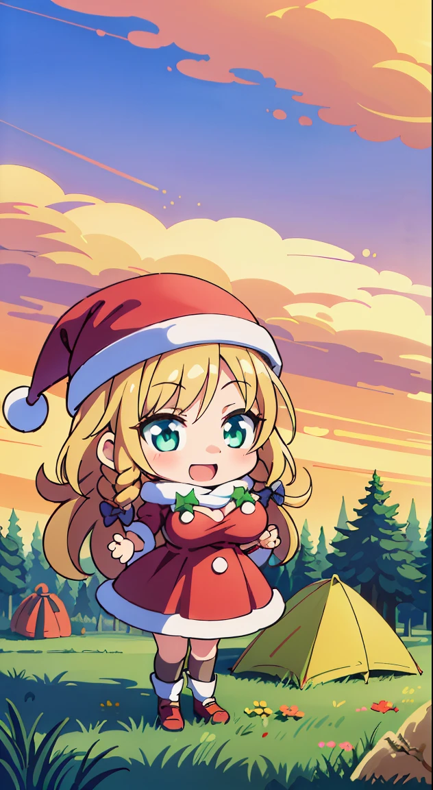 (masutepiece, Best Quality, Perfect Anatomy, High quality:1.4), nice hand, Perfect hands, Detailed beautiful hands, Large_filesize, fulcolor, hight resolution, symmetric, exceptional, Best aesthetic, newest, Anime, very beautiful detailed body,The hair,faces,The eye,(Chibi,Full body:1.6),
BREAK,



1 beautiful girl, girl with, (Cute:1.5),(Chibi:0.5),(kawaii:2.0),(Lori:2.0),(12 year old girl),(large full breasts:1.65),(Ahoge,Twin braids,Blonde hair, blue bow, Green eyes,eyebrows visible through hair,side locks,Parted bangs,Long hair, Hair Flower, Hair Ornament, Big ribbon in the hair, Curly hair,Bow:1.4),:el,White feathers, one white winged, Angel wings,Spread wings, Glowing wings),pitt \(??? Icarus\),gleaming skin, Clear skin, shining beautiful skin, Open mouth,Smile, Solo, tusk, Upper teeth,(long eyelashes, Double eyelids:1.2),Solo,gleaming skin, Clear skin, Beautiful skin,(best quality face),(Top quality glowing eyes),(The best smile,Doya face:1.45)  BREAK ( santa costume, Red dress:1.65 ), Hat BREAK is vertical striped knit, (Knitted scarves:1.4), Sweaters, Ribbed sweater, a miniskirt, Tight Dress, Black knee socks ,

Break Sitting,  Standing,
Outdoors, day,(Athletic:1.55) ,Blue sky, cumulonimbus clouds, Sunlight, Flowers, garden, forest, Soto, Trees, Wind, Windy, Nature, tussock, (camping:1.4),depth of fields,

BREAK,wakame,wakame,wakame,(Dynamic Poses, Dynamic Angle, close-up, Cowboy Shot, Cowboy Shot:1.4),

BREAK,(Blurry background:1.3),(absurderes, hight resolution, Super Detail Art),cel shading,Clear Color, Lonely optical effect, Beautiful pictures, Bright glow, mystic atmosphere,(Close-up of girl:1.1), Mystical light particle effect,manga influence, clean line drawings,
nice hand, Perfect hands,
