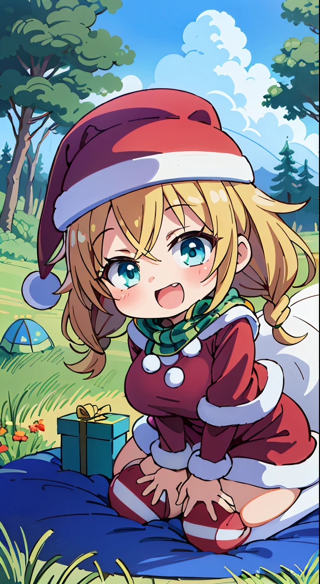 (masutepiece, Best Quality, Perfect Anatomy, High quality:1.4), nice hand, Perfect hands, Detailed beautiful hands, Large_filesize, fulcolor, hight resolution, symmetric, exceptional, Best aesthetic, newest, Anime, very beautiful detailed body,The hair,faces,The eye,(Chibi,Full body:1.6),
BREAK,
1 beautiful girl, girl with, (Cute:1.5),(Chibi:0.5),(kawaii:2.0),(Lori:2.0),(12 year old girl),(large full breasts:1.65),(Ahoge,Twin braids,Blonde hair, blue bow, Green eyes,eyebrows visible through hair,side locks,Parted bangs,Long hair, Hair Flower, Hair Ornament, Big ribbon in the hair, Curly hair,Bow:1.4),:el,White feathers, one white winged, Angel wings,Spread wings, Glowing wings),pitt \(Kid Icarus\),gleaming skin, Clear skin, shining beautiful skin, Open mouth,Smile, Solo, tusk, Upper teeth,(long eyelashes, Double eyelids:1.2),Solo,gleaming skin, Clear skin, Beautiful skin,(best quality face),(Top quality glowing eyes),(The best smile,Doya face:1.45) BREAK ( santa costume, Red dress:1.65 ), Hat BREAK is vertical striped knit, (Knitted scarves:1.4), Sweaters, Ribbed sweater, a miniskirt, Tight Dress, Black knee socks ,
Break Sitting, Standing,
Outdoors, day,(Athletic:1.55) ,Blue sky, cumulonimbus clouds, Sunlight, Flowers, garden, forest, Soto, Trees, Wind, Windy, Nature, tussock, (camping:1.4),depth of fields,
BREAK,wakame,wakame,wakame,(Dynamic Poses, Dynamic Angle, close-up, Cowboy Shot, Cowboy Shot:1.4),
BREAK,(Blurry background:1.3),(absurderes, hight resolution, Super Detail Art),cel shading,Clear Color, Lonely optical effect, Beautiful pictures, Bright glow, mystic atmosphere,(Close-up of girl:1.1), Mystical light particle effect,manga influence, clean line drawings,
nice hand, Perfect hands,