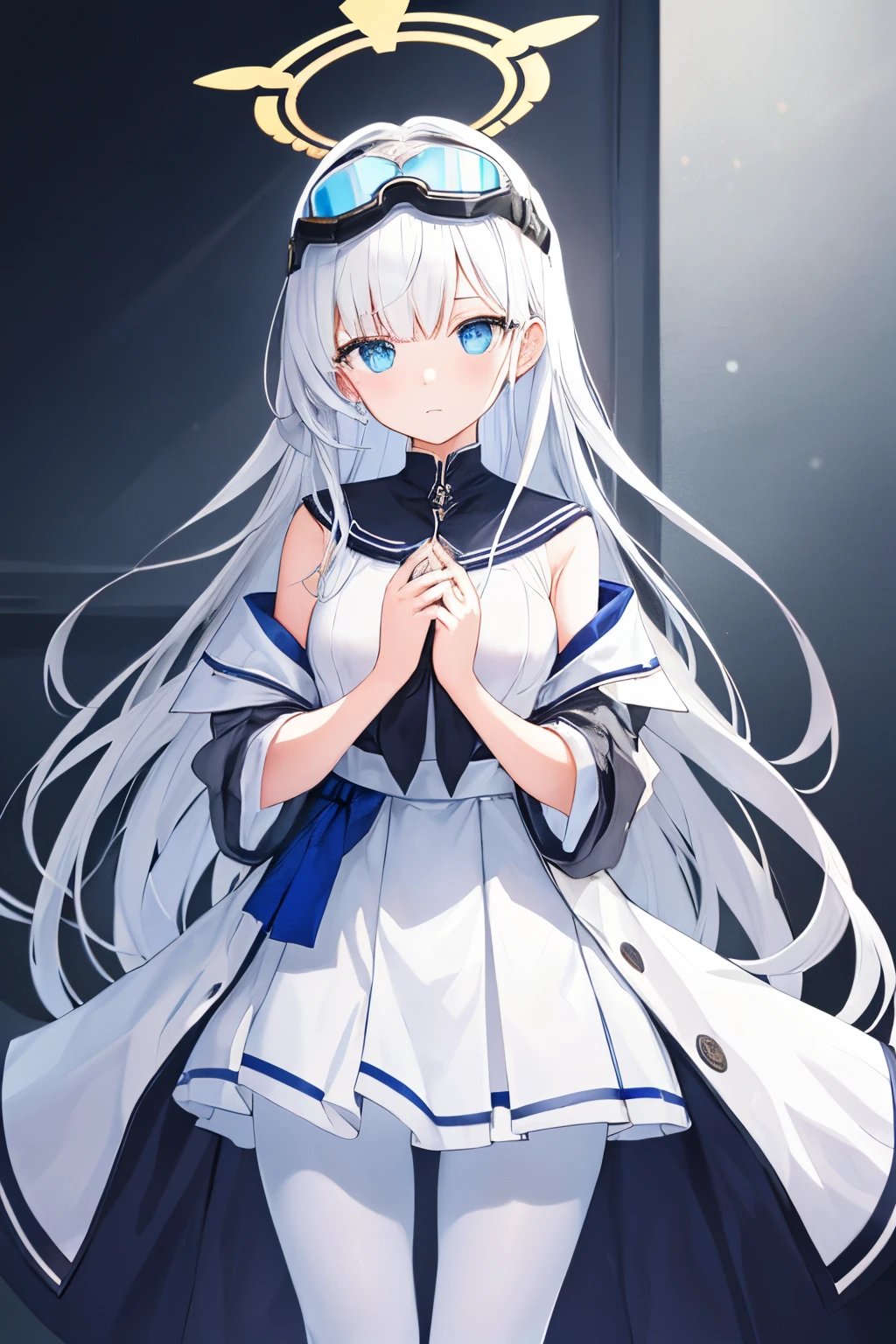 tmasterpiece,Extremely Delicately Beautiful,Two-dimensional exquisite painting style,Extremely meticulous and delicate,8K ,High quality,Ultra detailed,CG wallpaper,illustratio,Color background grayscale:1.1, A girl with straight white hair,blue color eyes,are standing,Look forward expressionlessly,white campus clothing,Goggles on his head,nipple play《azur lane》styled,There a golden halo on the head,Her hands are naturally downward,There no badge on the chest,white campus clothing,Little white hands,Wearing white glovelack pantyhose,Women's hands,独奏,1girll,full bodyesbian,standing on your feet,Beautiful melon seed face,Big clear and bright eyes,Look straight ahead,face expressionless,There a golden halo on the head,There a golden halo on the head,blue color eyes,Hands naturally downward