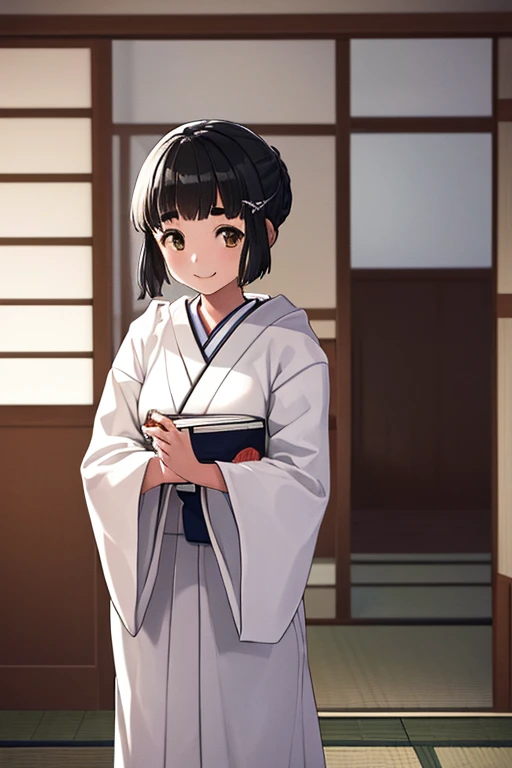 1 girl, alone,
myoukou \(Kancolle\),
inside, Japanese style room, Tatami, Shiromuku, White Hood, white kimono, Seiza, smile, standing holding a book