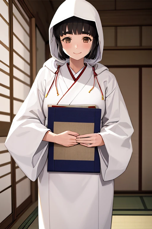 1 girl, alone,
myoukou \(Kancolle\),
inside, Japanese style room, Tatami, Shiromuku, White Hood, white kimono, Seiza, smile, standing holding a book