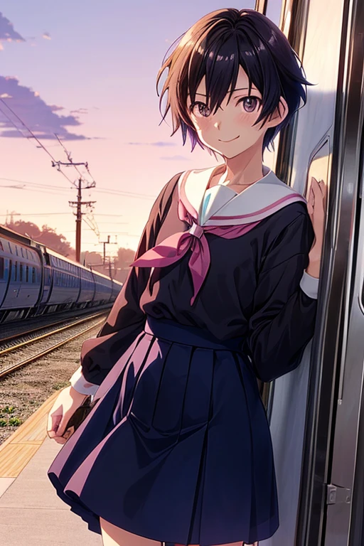 Anime scene of a train passing under a pink and purple sky、an anime drawing by Makoto Shinkai、trending on pixiv、magic realism、beautiful anime scene、Space sky。By Shinkai Makoto、((By Shinkai Makoto))、By Shinkai Makoto、Anime Background Art、Shinkai Makoto style。Detail Enhancement、Perfect detail handling。super detailed, Girl alone, Cute, Pupils, uniform, (sailor dress), Dark blue skirt, Beautiful detailed blue sky, Sandy, Standing, (blush), (Smile: 1.2), (Closed mouth), Small, Fine and beautiful eyes, (Short hair: 1.2) Information Information