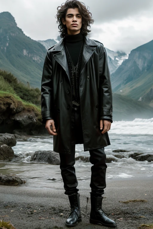 un chico bello, cabello largo, y ropa gotica y un paisaje artificial