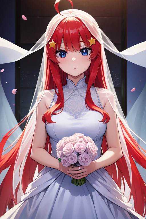 Satsuki Nakano, Itsuki Nakano, Bangs, Blue eyes, hair between eye, Ahoge, Red hair, Star \(symbol\), Hair Ornament, Star hair ornament、B leak aste piece:1.2), Best Quality, High resolution, Unity 8k壁纸, (Illustration:0.8), (Beautiful detailed eyes:1.6), extra detailed face, Perfect Lighting, extremely details CG, (Perfect hands, Perfect Anatomy),weddingdress，veils，Hold a bouquet of carnations with both hands。