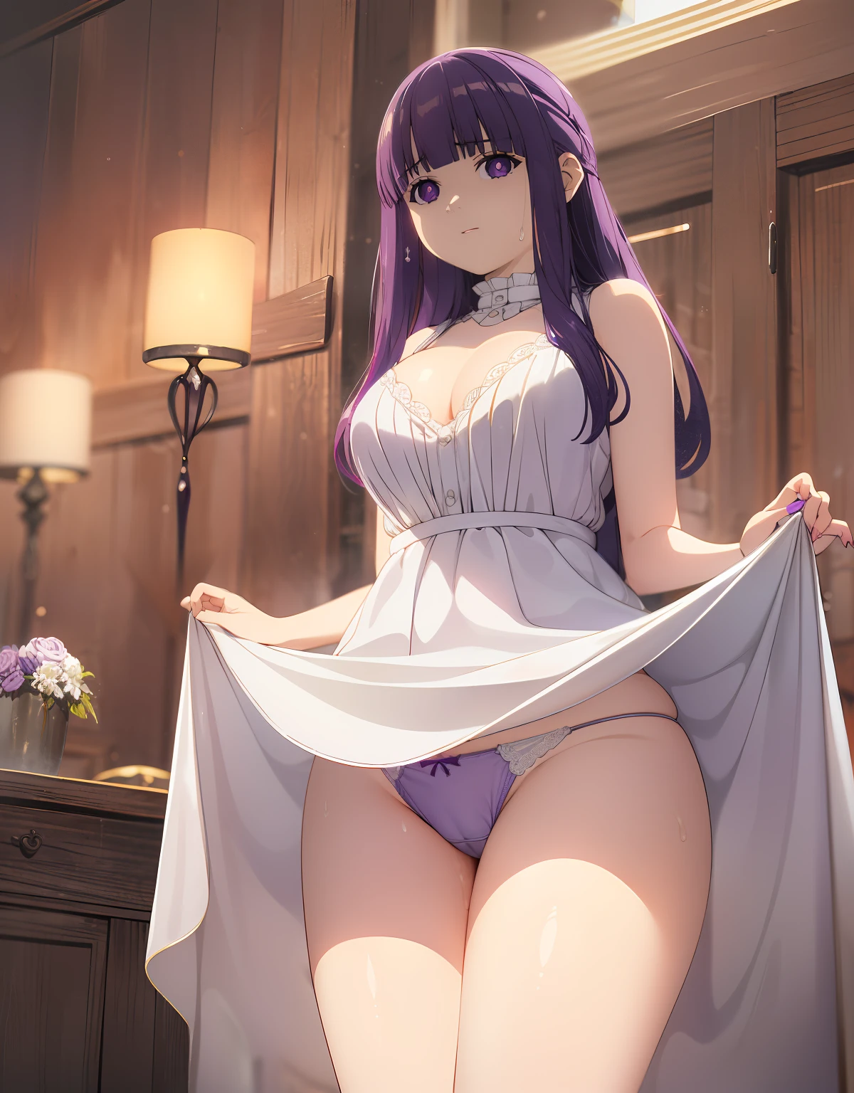 (Best Quality, Masterpiece),sexy, erotic, 1girl, 18 years old, Contempt, pride, long purple hair, ((purple eyes)), looking at viewer, medival tabern, (standing), ((dark room)), sweat, candle lit, (((desapointed look))), ((cleavage)), ((skirt lift)), white dress, ((panties)), from below, looking at viewer