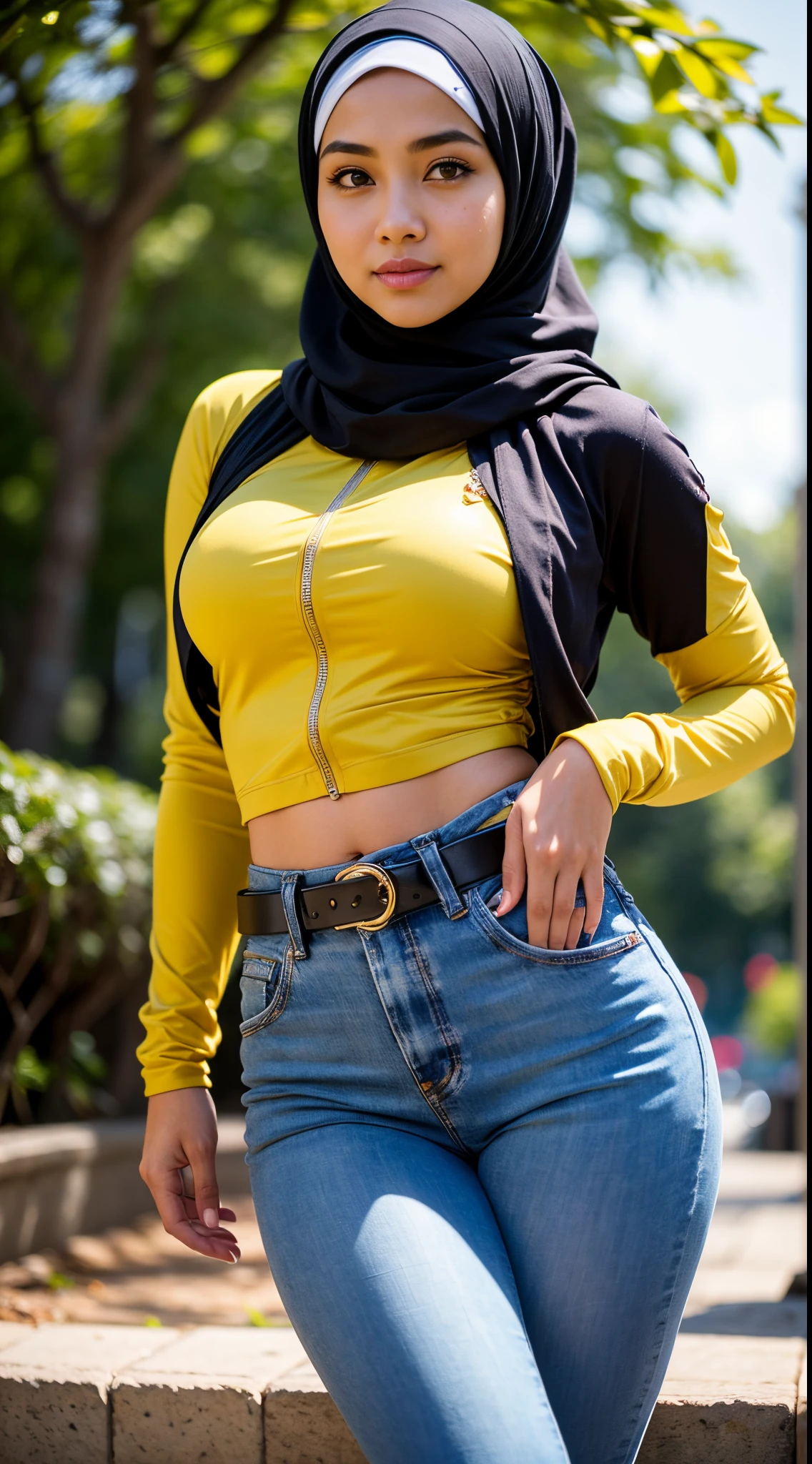 RAW, Best quality, high resolution, Masterpiece: 1.3), Beautiful Malay woman in hijab (iu:0.8),Best quality, high resolution, Masterpiece: 1.3, Beautiful Malay girl in hijab, Masterpiece, Soft smile,high resolution, 4k, HDR, 1 girl, photorealistic, realistic, smiling at the viewer, (big breast),((full body)),close-up, Malay girl in a small floral-patterned Malaysian baju kuning hijab on campus, wearing a backpack, back view, skin detail, skin texture detail, mole under the eye, big hips, waist big, big round buttocks, big thighs, slim belly, beautiful body, evening, smiling, happy, bright lighting, student background, busy campus, blurry background, bokeh,