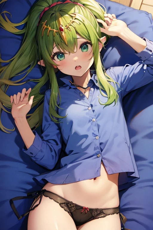 Best Quality,High resolution, Ultra-detailed,Game CG,Dutch Angle,Beautiful detailed eyes,NSFW,Ichiki_fe,Solo,flat chest,Petite,skinny,Blue striped panties,white collared shirt,on the beds,Lying,Open mouth, drivel, be breathless, blush, very humid, steam,Looking at Viewer,Cowboy Shot,