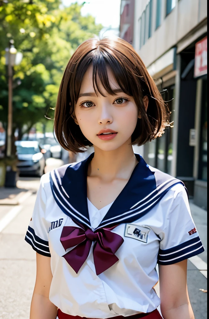 (masutepiece, Best Quality:1.2), 8K, Official art, Raw photo, full body Esbian、Red camisole、Facing up、Medium Hair、skinny、years、small tits、Eyes closed、Deep sadness、Sorrow、look up sky、Open mouth、screeming、 unbelievable Ridiculous, (Upper body, Sailor suit on top、Skirt underneath、serafuku:1.4), Beautiful Girl, Pretty Face, arching back down, cute panty、Gold hair ornament on hair、close up, School uniform, Short sleeve, gardenia, violaceaess, , Street, Looking at Viewer, Film grain, chromatic abberation, Sharp Focus, face lights, Dynamic lighting, Cinematic lighting, Eyes and faces with detailed, Bokeh background, (1 dark red bow tie:1.2), waist shot,