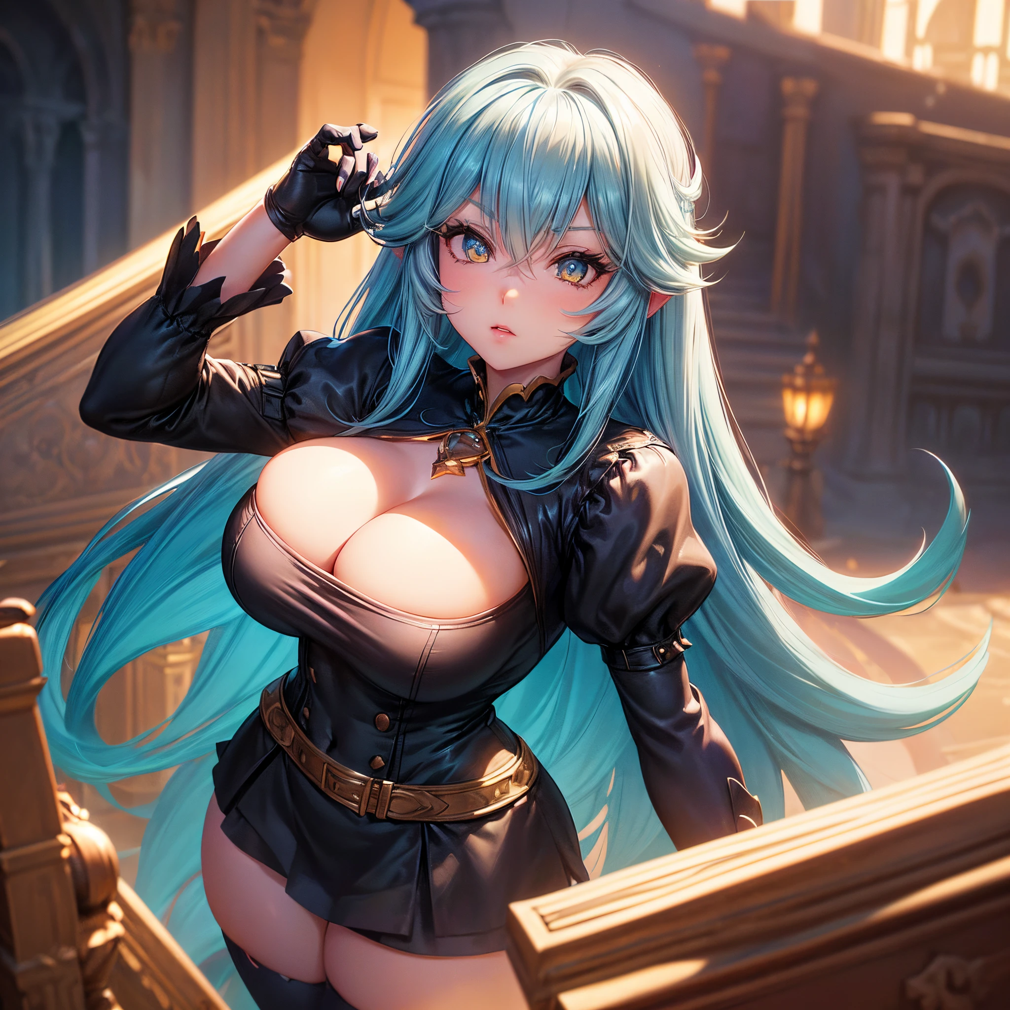 1girl, looking at the camera, looking at viewer, close-up, big boobs, ((really big breasts), (thick thighs), thick, light blue hair, long hair, bangs, yellow eyes, seductive, eyelashes, purpled dress, black stockings, in a castle, hot and tempting, 8k, vfx, hdr, rtx