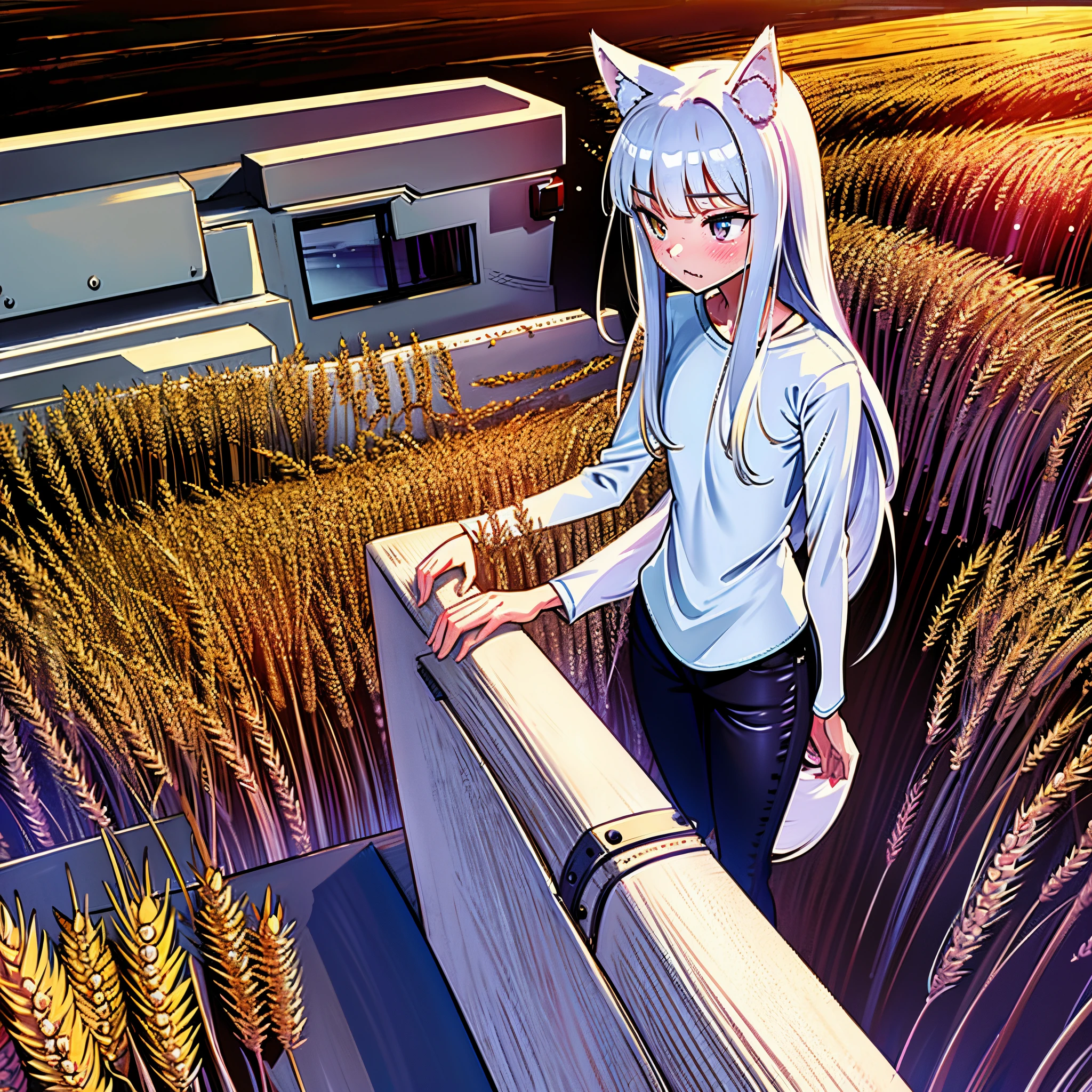 8k resolution, high quality, high resolution, best quality, best resolution, absurd resolution, ray tracing, high detailed, white hair, female,white wolf ears, teenage girl, slim body, tomboy, beautiful yellow eyes,fluffy wolf tail , detailed blue eyes, beautiful face,black leggings, dark grey shorts, white long sleeve shirt, medium size chest, long white hair