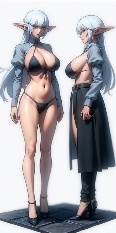 full body beautiful elf woman, standing elf woman, white background, white hair, long messy hair, black elf skin, purple bikini, SFW