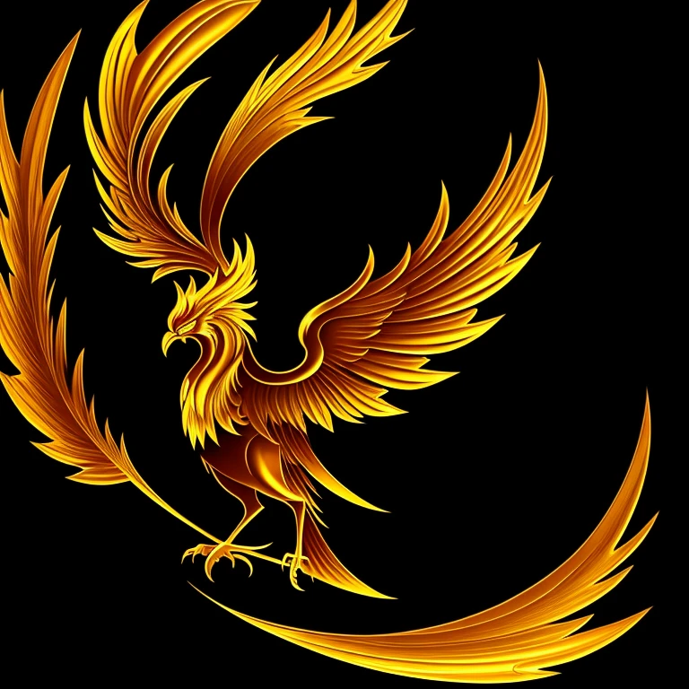 Create a stylized phoenix in gold color, depicted frontally to be used as a logo