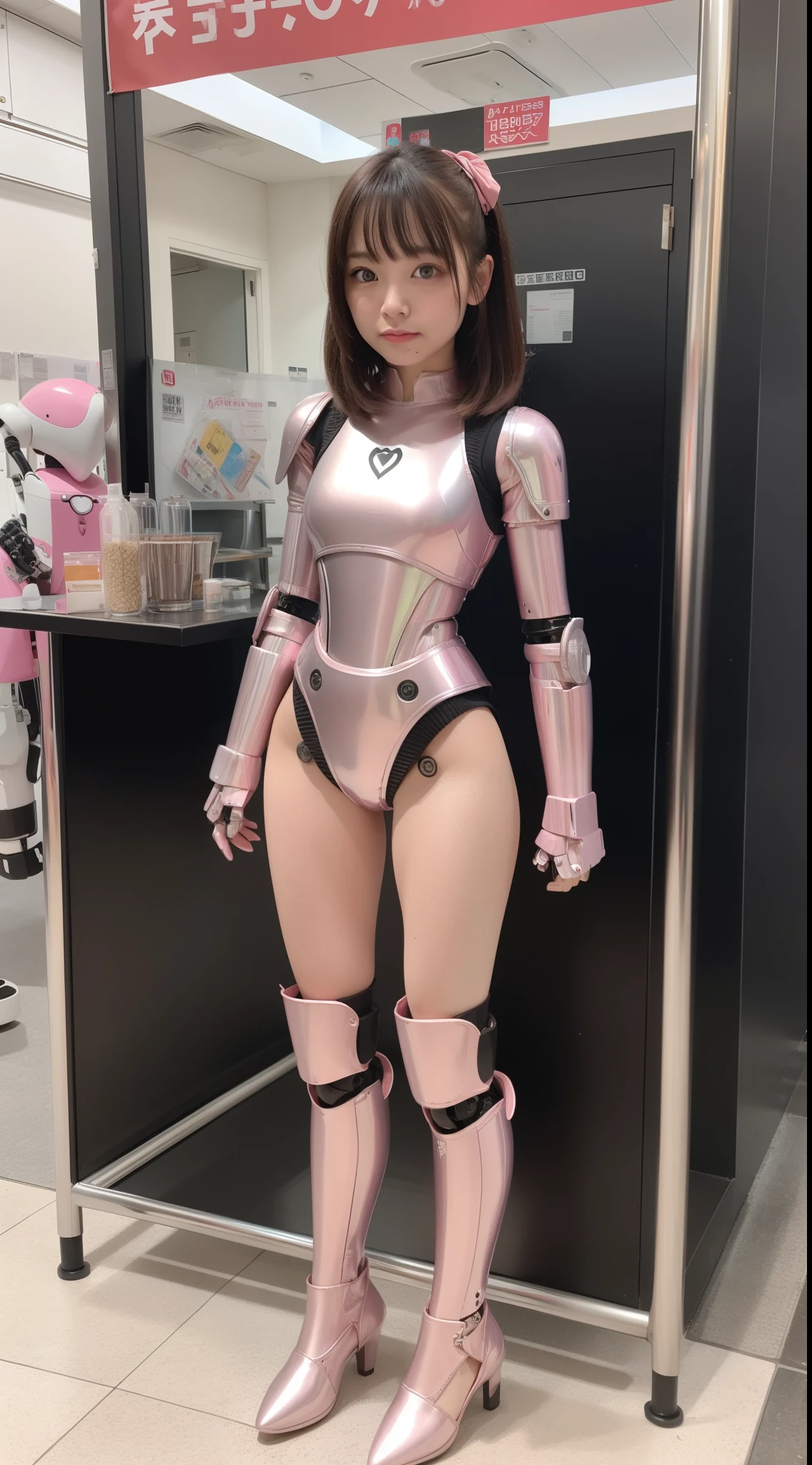 Robot Girl, pink there, Silver, Metallic body, Robot Parts, Metal Parts, Super Detailed Face, Super well-formed face, of the highest quality, a small face, small head, Brown hair, Slender body, Camera gaze, Internal Mechanical Exposure, Idol, front facing, Well-proportioned body, sale, exhibition, Event Hall, Moe Pose, pink metallic maid Dress Machine Armor, Standing with legs open, Hands on hips, Model body type, sad, Embarrassing,(Perfect Robot Girl),(Perfect machine body)