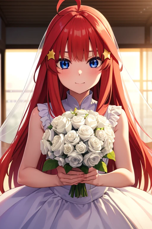 Satsuki Nakano, Itsuki Nakano, Bangs, Blue eyes, hair between eye, Ahoge, Red hair, Star \(symbol\), Hair Ornament, Star hair ornament、I'm blushing,a smile,B leakage aste piece:1.2), Best Quality, High resolution, Unity 8k壁纸, (Illustration:0.8), (Beautiful detailed eyes:1.6), extra detailed face, Perfect Lighting, extremely details CG, (Perfect hands, Perfect Anatomy),weddingdress,veils,Holding the bouquet with both hands,association,chapel