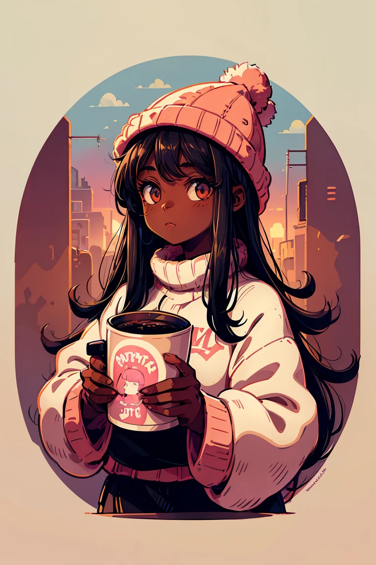 Dark skin pretty young woman in an oversized fuzzy fitted shirt, shy, holding a pink coffee “catty” labeled mug, insanely detailed, 4K, 2D illustration, red hat, clearly detailed eyes, luminous brown eyes, muted pastels and vibrant brown and white