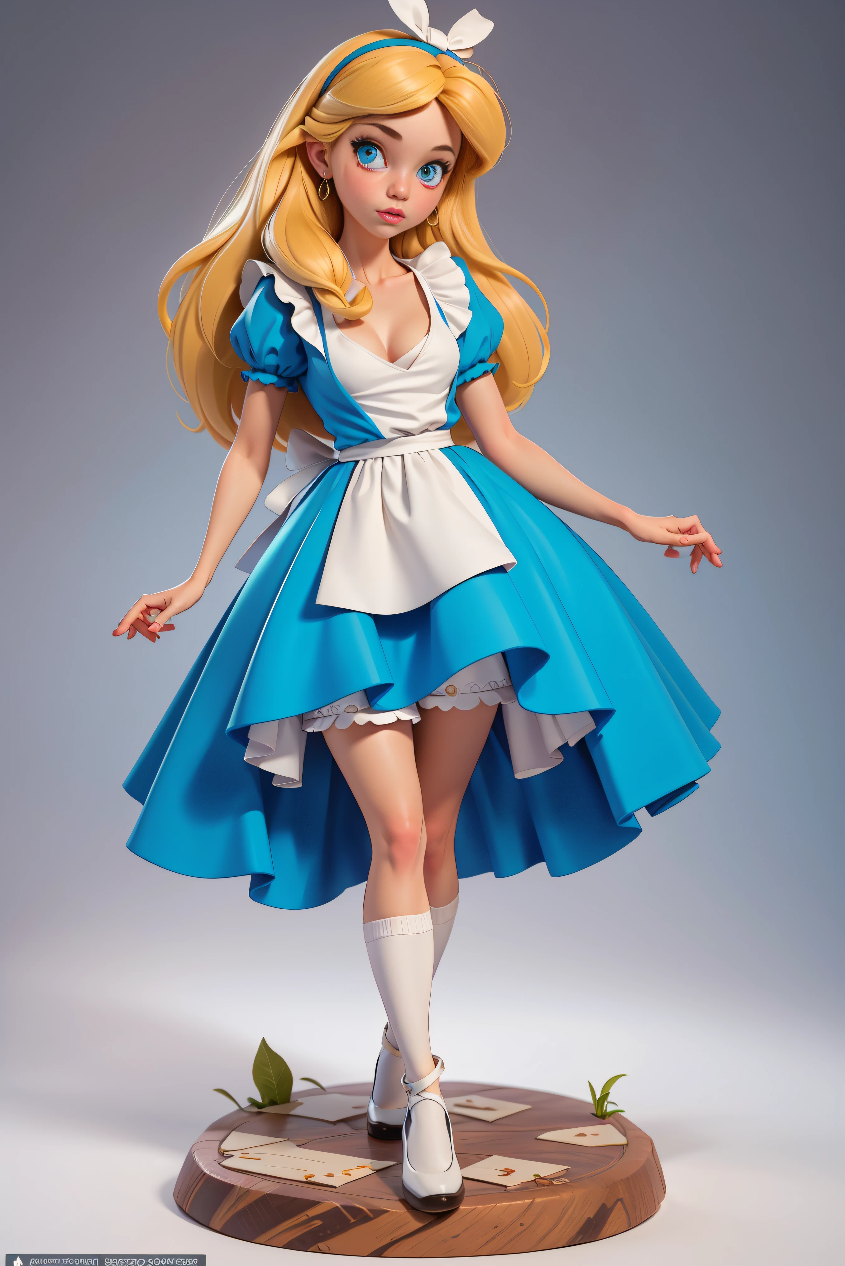 masterpiece, 1girl, solo, make her a sexy Alice in Wonderland with blonde hair, powder blue dress with white apron, white stockings, cleavage, dynamic, ultra high def, 32k, (perfect anatomy:1.5), perfect legs, in the style of Artgerm and Adam Hughes, perfect arms, downblouse