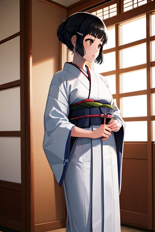 1 girl, alone,
myoukou \(Kancolle\),
inside, Japanese style room, chair, Shiromuku, simple white kimono, Seiza, innocent, standing holding a katana in its sheath