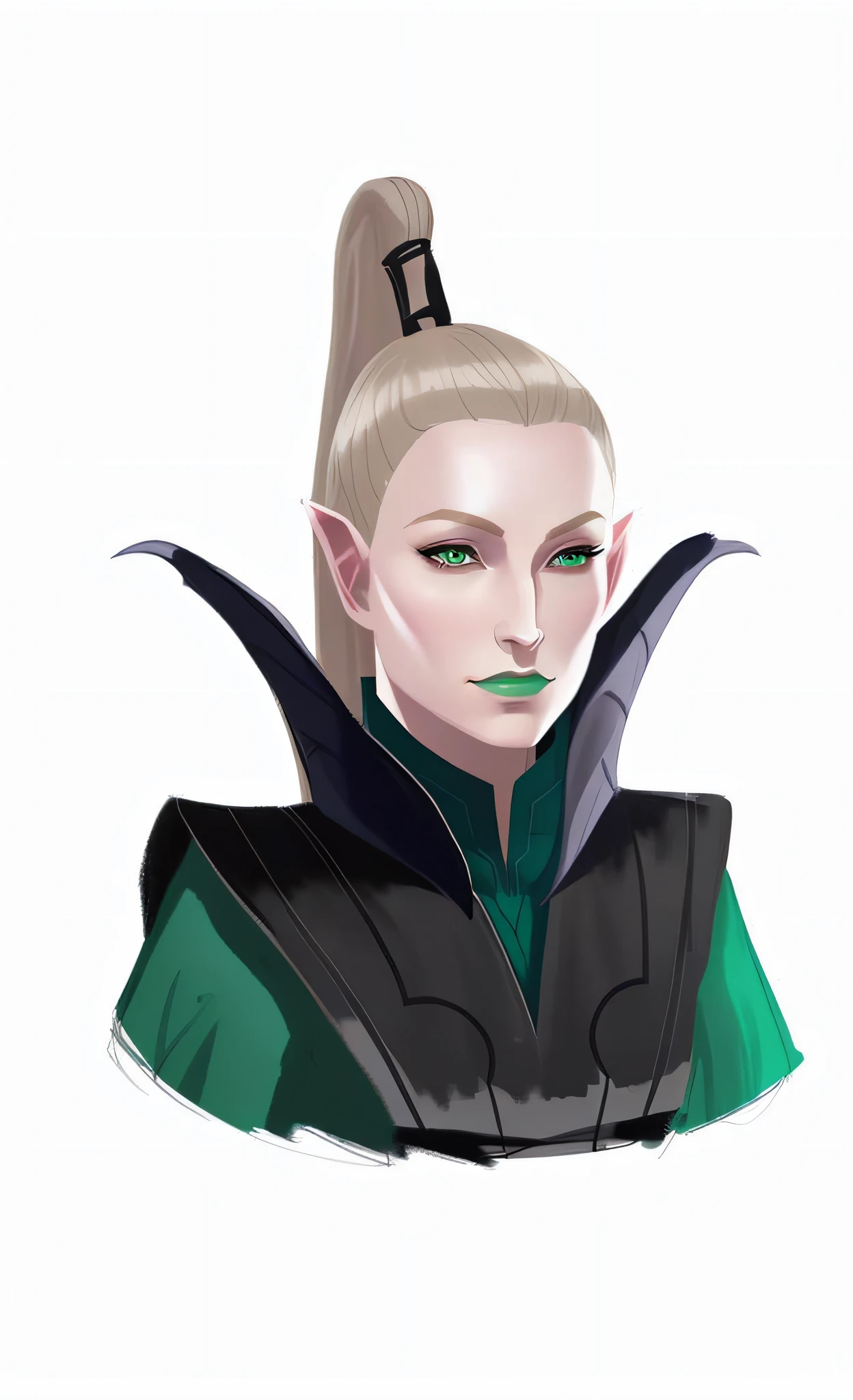 a drawing of a female elf with black and green clothes, portrait of a female elf warlock, elven character with smirk, portrait female elf wizard, character portrait art, portrait of a dnd character, portrait of an elf queen, elven, portrait of a female mage, epic exquisite character art, lolth, female elf, pale skin