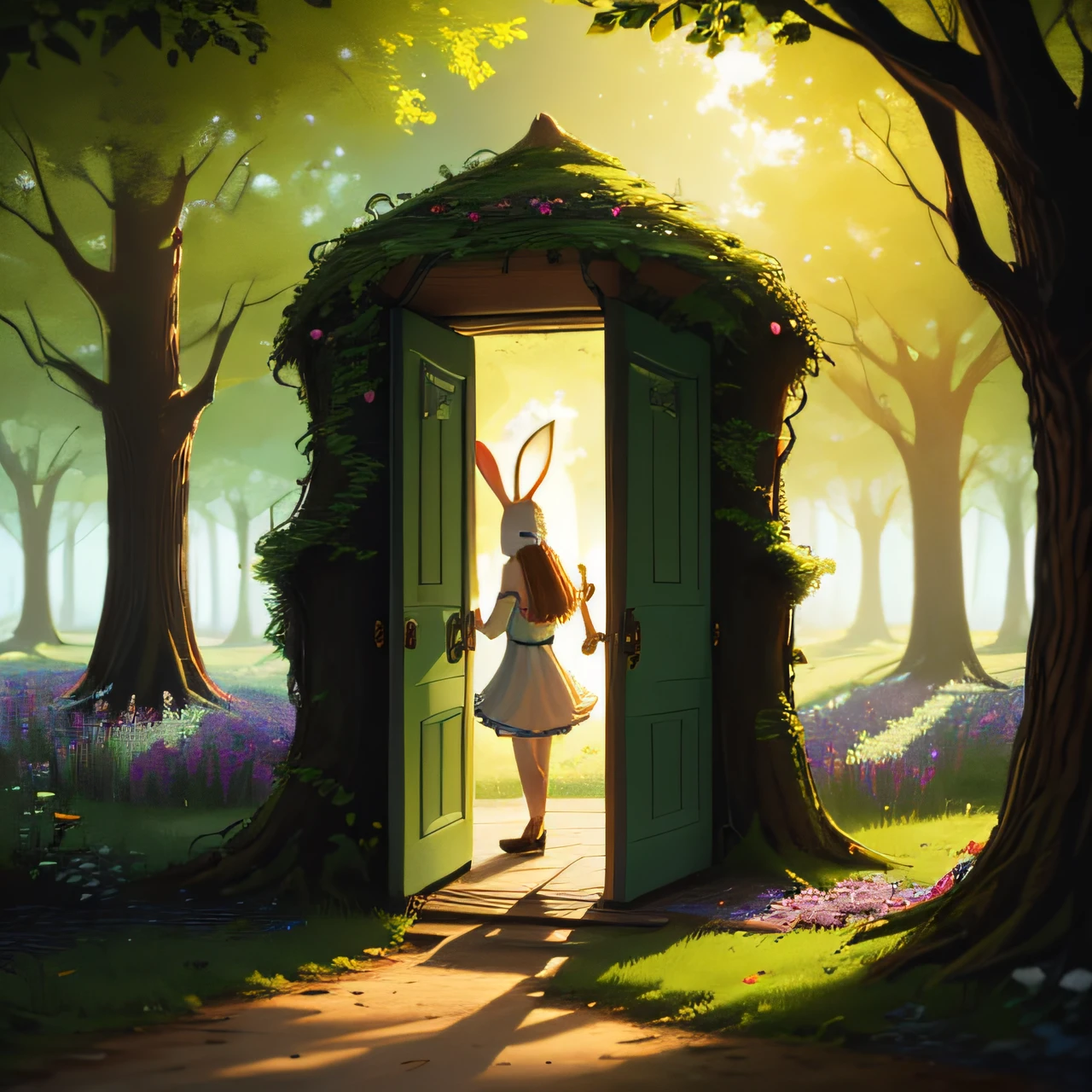 human bunny and a young fairy discovered a door hidden within the tree, vibrating with a mysterious energy. With synchronized curiosity, they opened the door, and to their amazement, a world of rhythmic wonders unfolded before them—the Enchanted Garden.