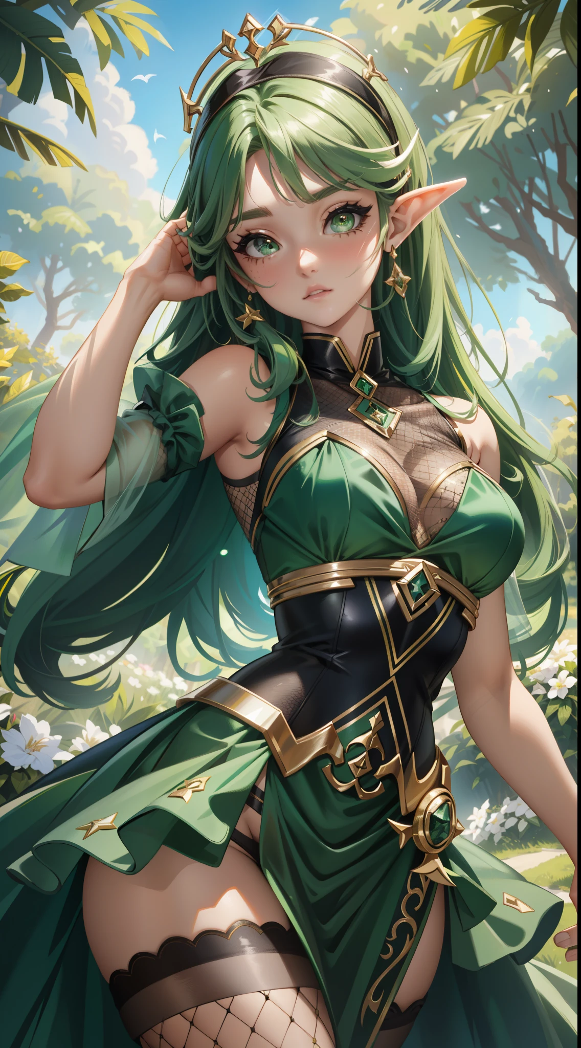 Ariana Grande dressed in green posing in a garden., (Seductora princesa elfa caballero), Artgerm extremadamente detallado, Princesa Elfa, inspirado en WLOP, Arte WLOP, (Reina Elfa:1.4), Hermosa y elegante reina elfa, WLOP RossDraws, Elf girl, Fantasy art style, ! dream artgerm, WLOP y Artgerm, ,More detailed 8K.motor irreal:1.4,UHD,La mejor calidad:1.4, fotorrealista:1.4, textura de la piel:1.4, obra maestra:1.8,obra-prima, mejor calidad,objeto Objeto], (detailed face features:1.3),(Ojos hermosos verdes:1.4),(hermosos dedos detallados) ,(fondo selva silvestres hojas grandes:1.4),(fishnet:1.4),Perfect anatomy,(vestido transparente sexy de seda blanca:1.4)
