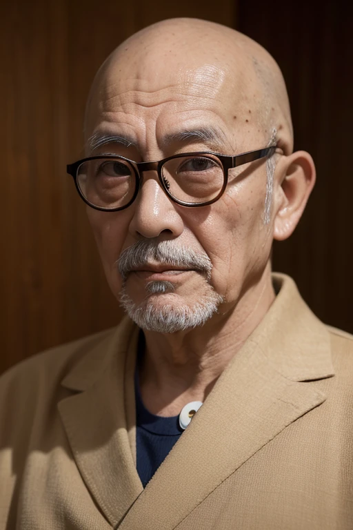 traditional japanese old man,((Portrait of one person))、busts、without background,background sepia tone,View the book,Worn-out clothes,70 year old Chinese medicine doctor,Clever eyes,Wearing glasses、Classic glasses、Unshaven,Country style,The top of the head is bald、