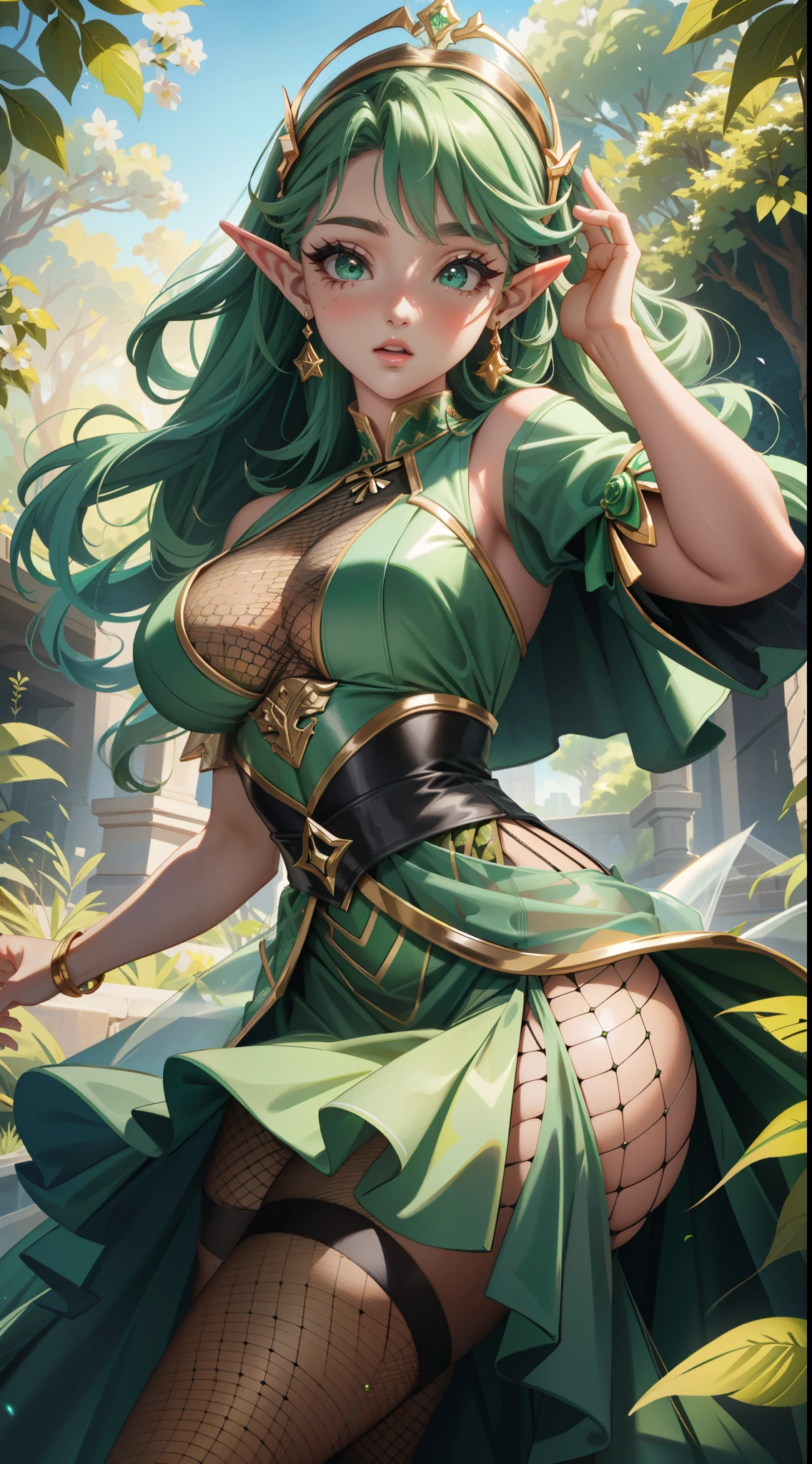 Ariana Grande dressed in green posing in a garden., (Seductora princesa elfa caballero), Artgerm extremadamente detallado, Princesa Elfa, inspirado en WLOP, Arte WLOP, (Reina Elfa:1.4), Hermosa y elegante reina elfa, WLOP RossDraws, Elf girl, Fantasy art style, ! dream artgerm, WLOP y Artgerm, ,More detailed 8K.motor irreal:1.4,UHD,La mejor calidad:1.4, fotorrealista:1.4, textura de la piel:1.4, obra maestra:1.8,obra-prima, mejor calidad,objeto Objeto], (detailed face features:1.3),(Ojos hermosos verdes:1.4),(hermosos dedos detallados) ,(fondo selva silvestres hojas grandes:1.4),(fishnet:1.4),Perfect anatomy,(vestido transparente sexy de seda blanca:1.4)