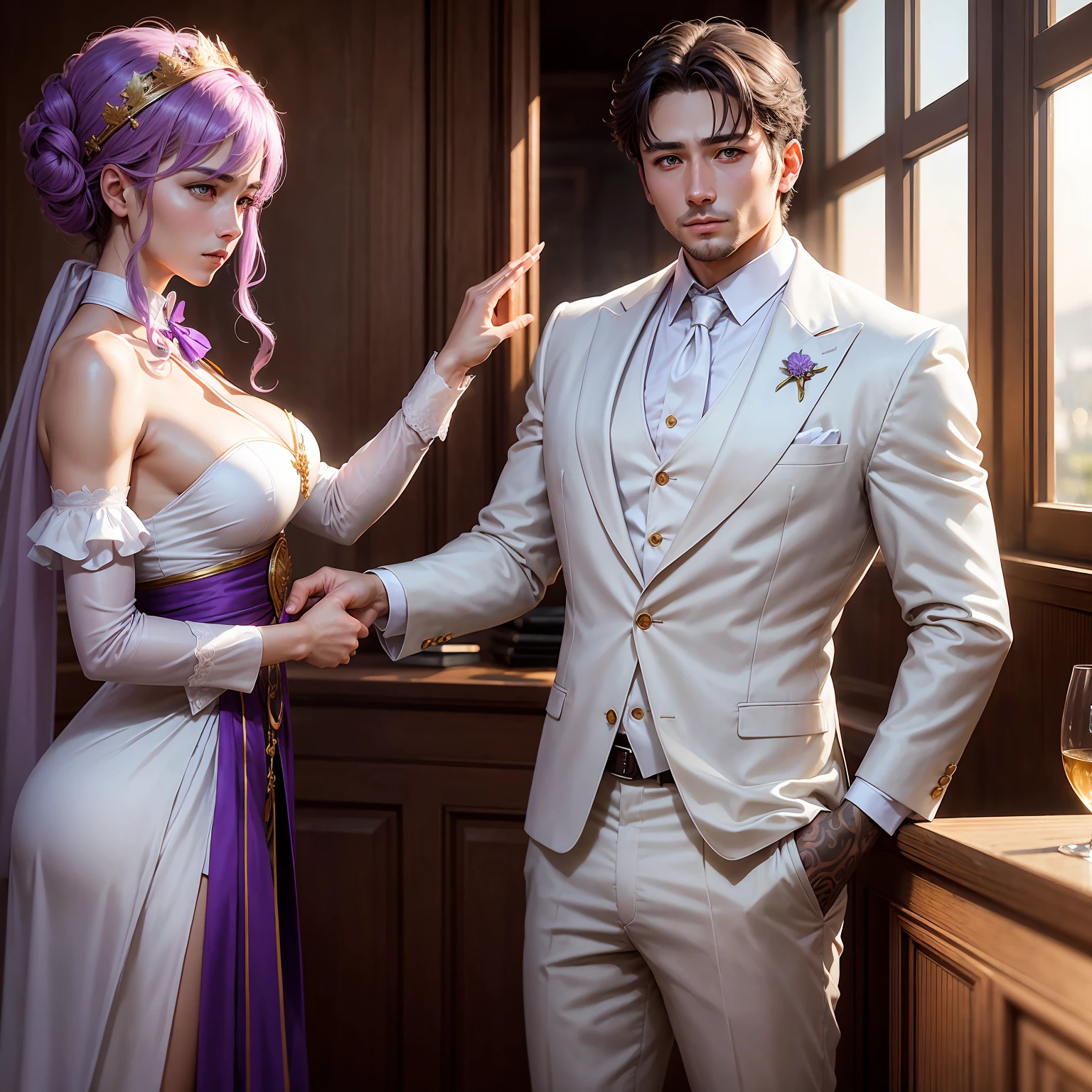 Roman Emperor Constantine the Great resurrected in modern times。34 years old。one adult male。Long body。broad shoulder。thick neck。eyes like a lion。Bright and sharp eyes。Looking here。Sincere and kind。Kind and reliable。Deal with it sternly if necessary.。talented and hardworking businessman。successful gentleman。careerist。he is wearing a high quality white suit。dark purple tie。Light purple shirt。forceful。An overwhelming sense of control。romance novel hero。Bold composition。look up to。lyrical。Dramatic。heartful。Romantic。Travel situation。Exotic。Romanticism。Mysterious。opulent。elegan。elegance。Bulgaria in the sunset、varna background。夏天。Mare。Resort。vacation。Summer resort。​masterpiece。top-quality。Super beautiful。The ultra -The high-definition。detaileds。exquisite。