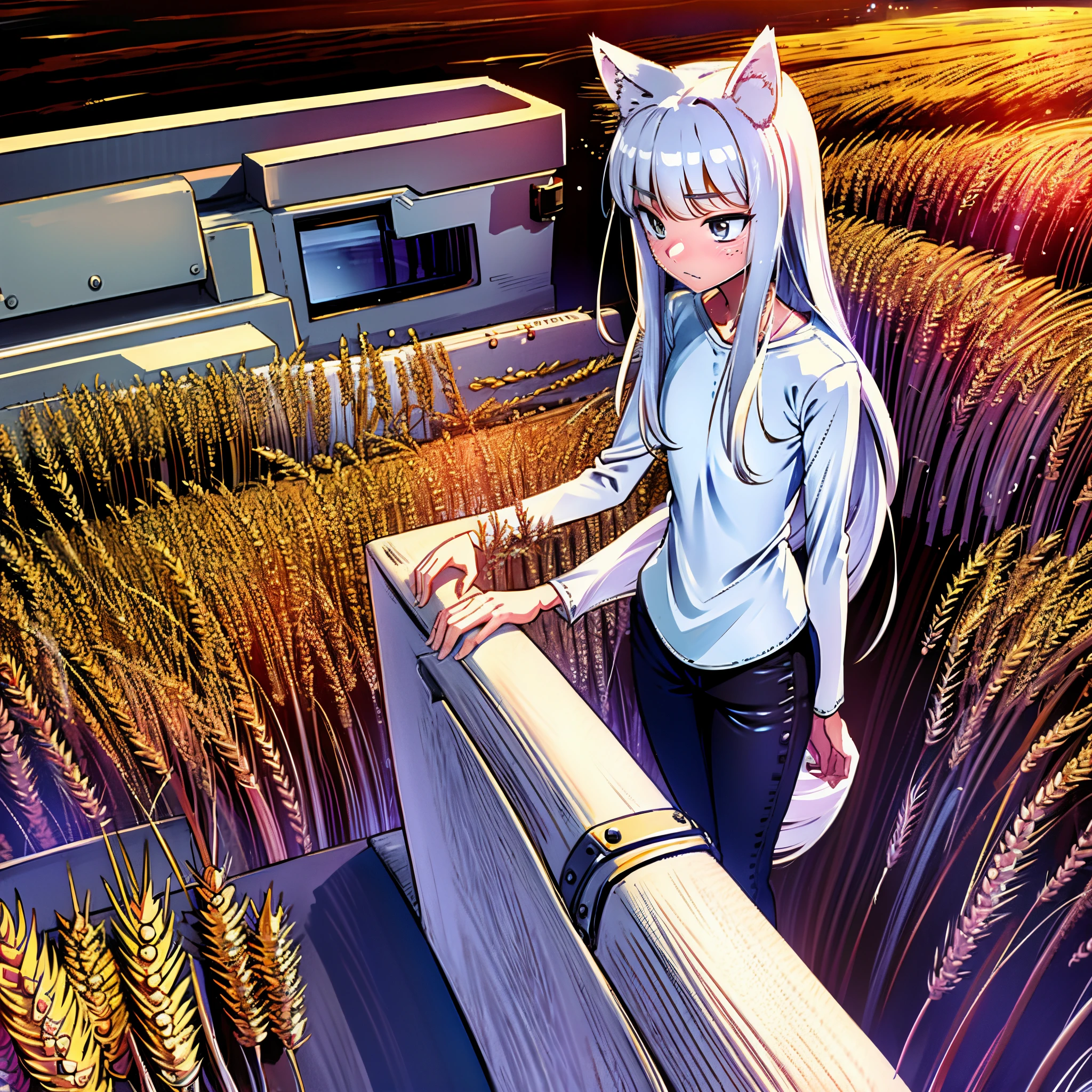 8k resolution, high quality, high resolution, best quality, best resolution, absurd resolution, ray tracing, high detailed, white hair, female,white wolf ears, teenage girl, slim body, tomboy, beautiful yellow eyes,wolf tail , detailed blue eyes, beautiful face,black leggings, dark grey shorts, white long sleeve shirt, medium size chest, long white hair