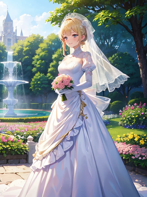 In front of a fountain in a garden so spacious and beautiful that it is foggy.、Bright sunshine、pink rose flower bed、Long blonde girl、Classic White Wedding Dresses、Lots of races、lots of ribbons、Very voluminous puff sleeves、long cuffs with many buttons、golden embroidery、Long Train、white embroidered gloves、5 fingers、A smile、Redness of the cheeks