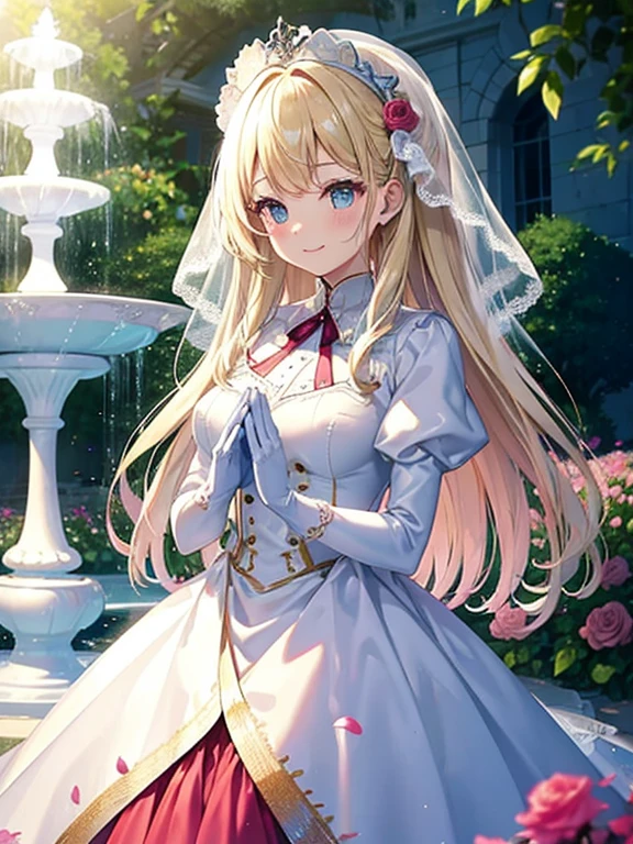 In front of a fountain in a garden so spacious and beautiful that it is foggy.、Bright sunshine、pink rose flower bed、Long blonde girl、Classic White Wedding Dresses、Lots of races、lots of ribbons、Very voluminous puff sleeves、long cuffs with many buttons、golden embroidery、Long Train、white embroidered gloves、5 fingers、A smile、Redness of the cheeks
