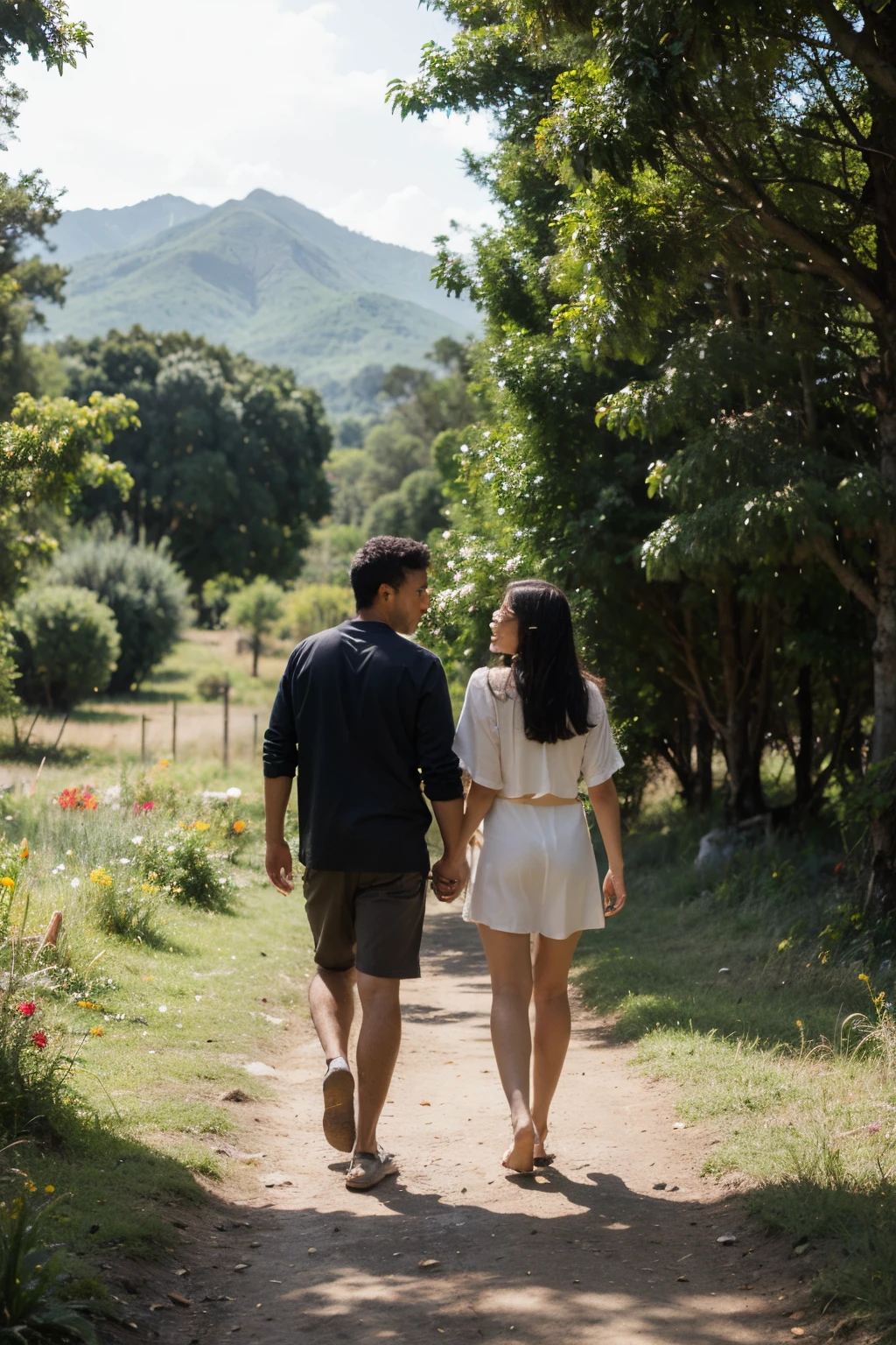 an indigenous Brazilian couple walking through the forest towards a mountain. This couple stops and kisses and they both become phoenixes and fly together passing over fields of flowers and heading towards the sun
