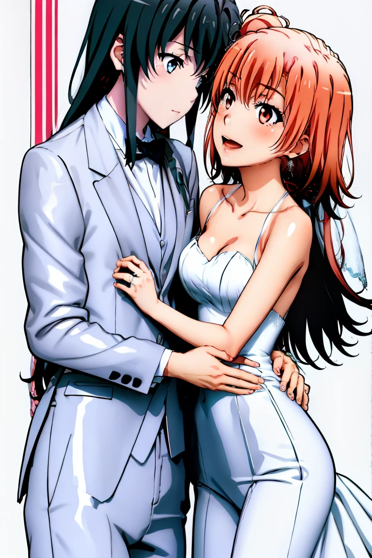 (Best Quality), 2Woman,2girl , yukinoshita yukino, Yuigahama yui , marriage, yukinoshita yukino wears tuxedo , eyes blue, White shirt under the jacket of , business suit, suit, Tuxedo,,Yuigahama yui wears wedding Dress, yukinoshita yukino holding Yuigahama's Waist