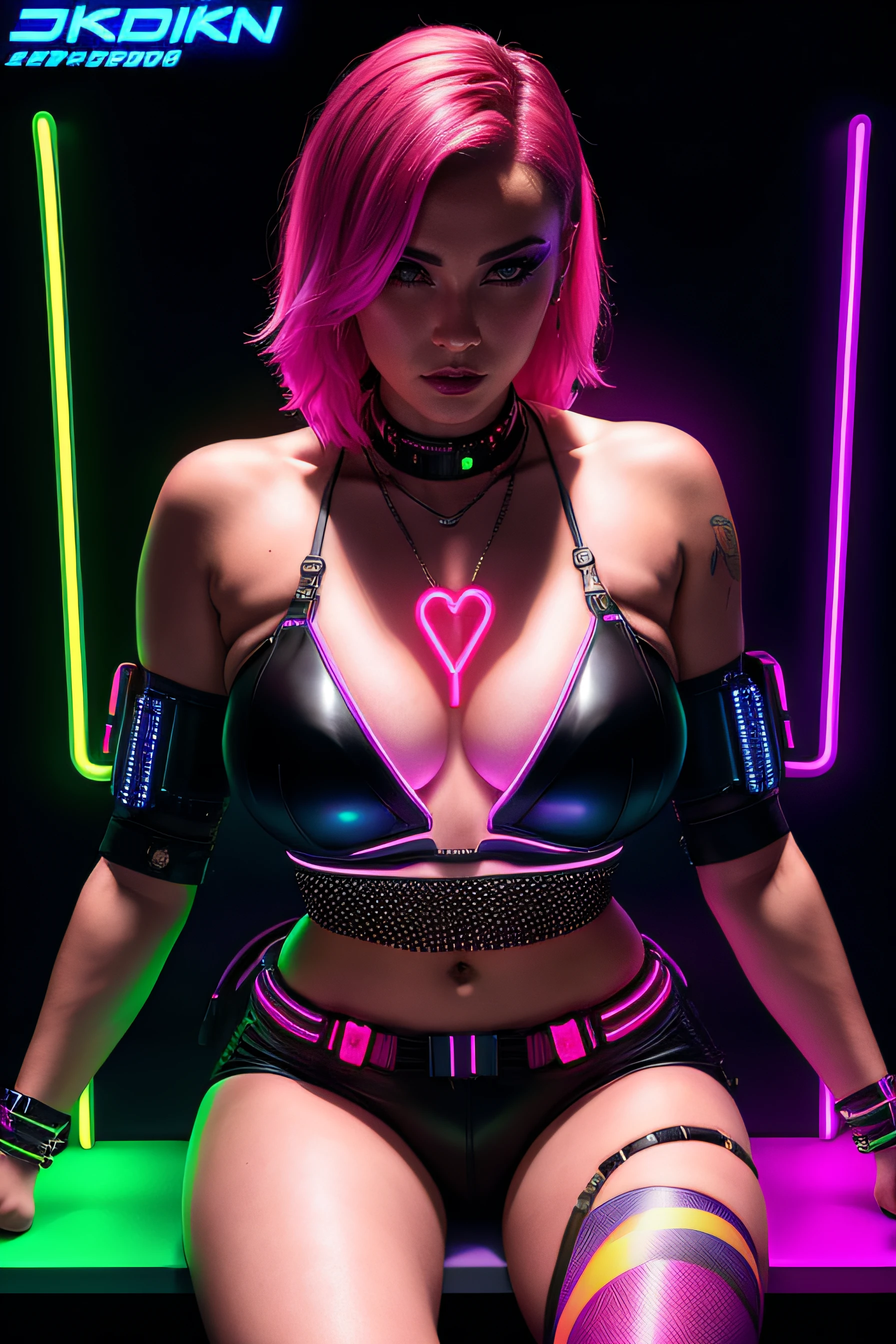 there a woman sitting on a chair with a rainbow light, DD Chest, 3 d neon art of a womans body, neon-noir background, cyberpunk femme fatale, seductive cyberpunk dark fantasy, cyberpunk strip clubs, cyberpunk 20 y. o model girl, oppai cyberpunk, banner, high definition cgsociety, cgsociety masterpiece, trending on cgstation, kda