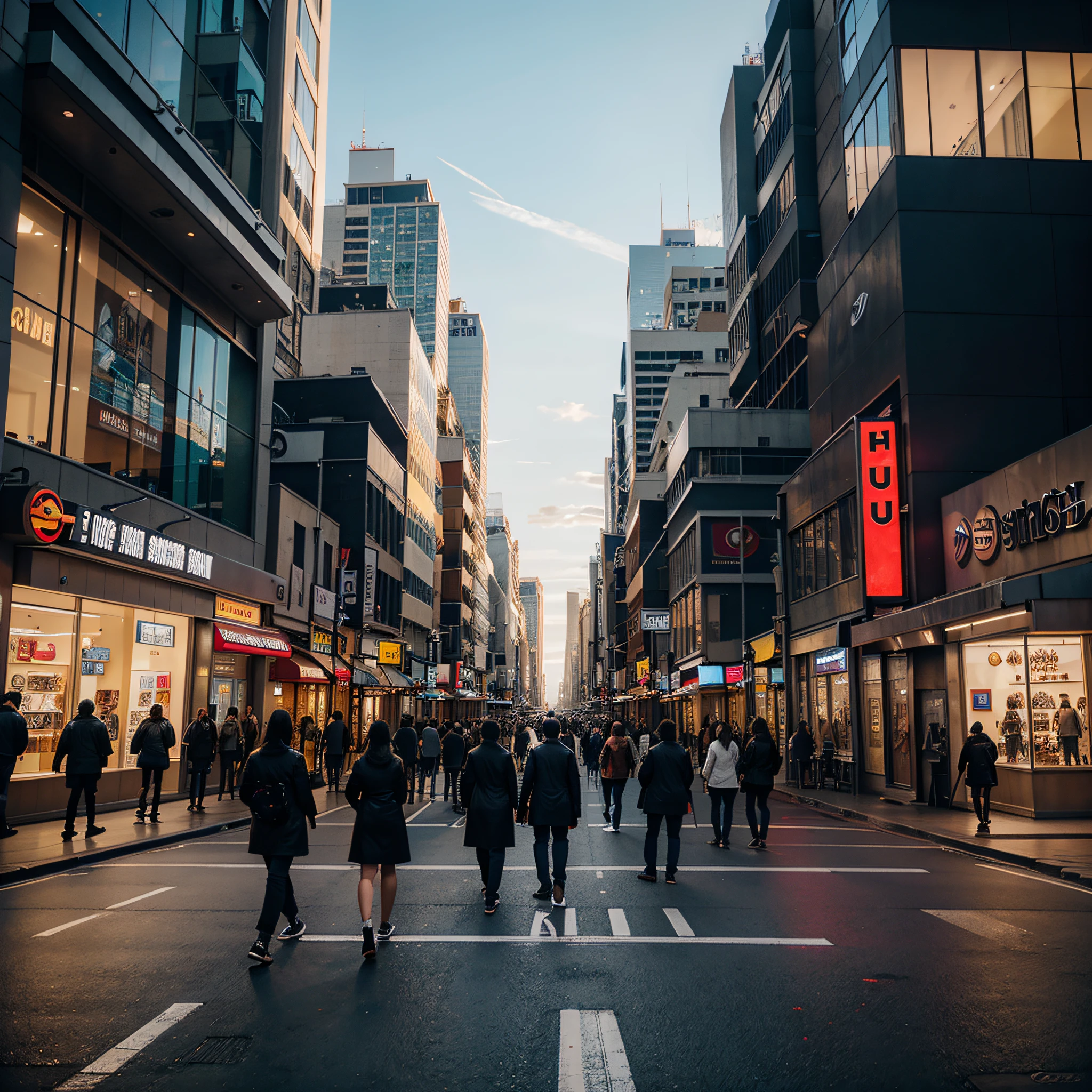 Create a futuristic city with multiple tall buildings, cars on the streets and many people walking on the sidewalks of the streets, cidade estilo desenho, Impeccable, nunca jamais vista, genial, in UHD definition
