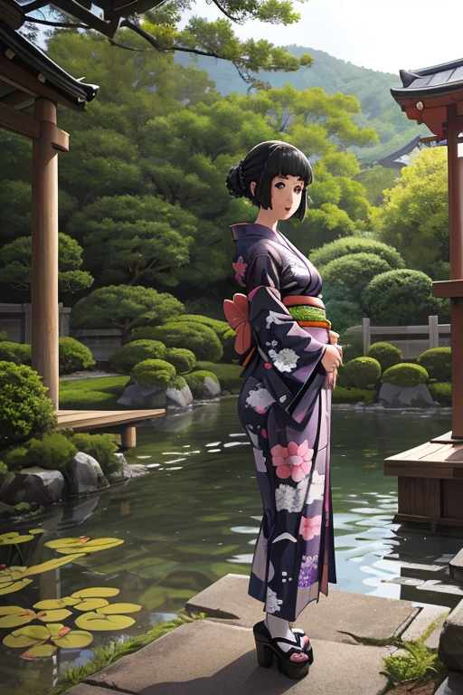 1 girl, alone,
myoukou \(Kancolle\),
outside, Japanese style gardens, Shiromuku, bold kimono, Seiza, serious, standing