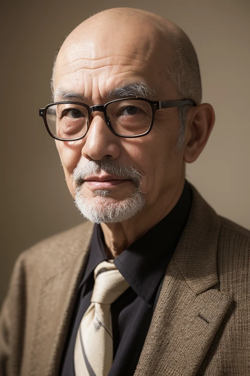 traditional japanese old man，((Portrait of one person))、busts、without background，background sepia tone，View the book，Worn-out clothes，70 year old Chinese medicine doctor，Clever eyes，Wearing glasses、Classic glasses、Unshaven，Country style，The top of the head is bald、