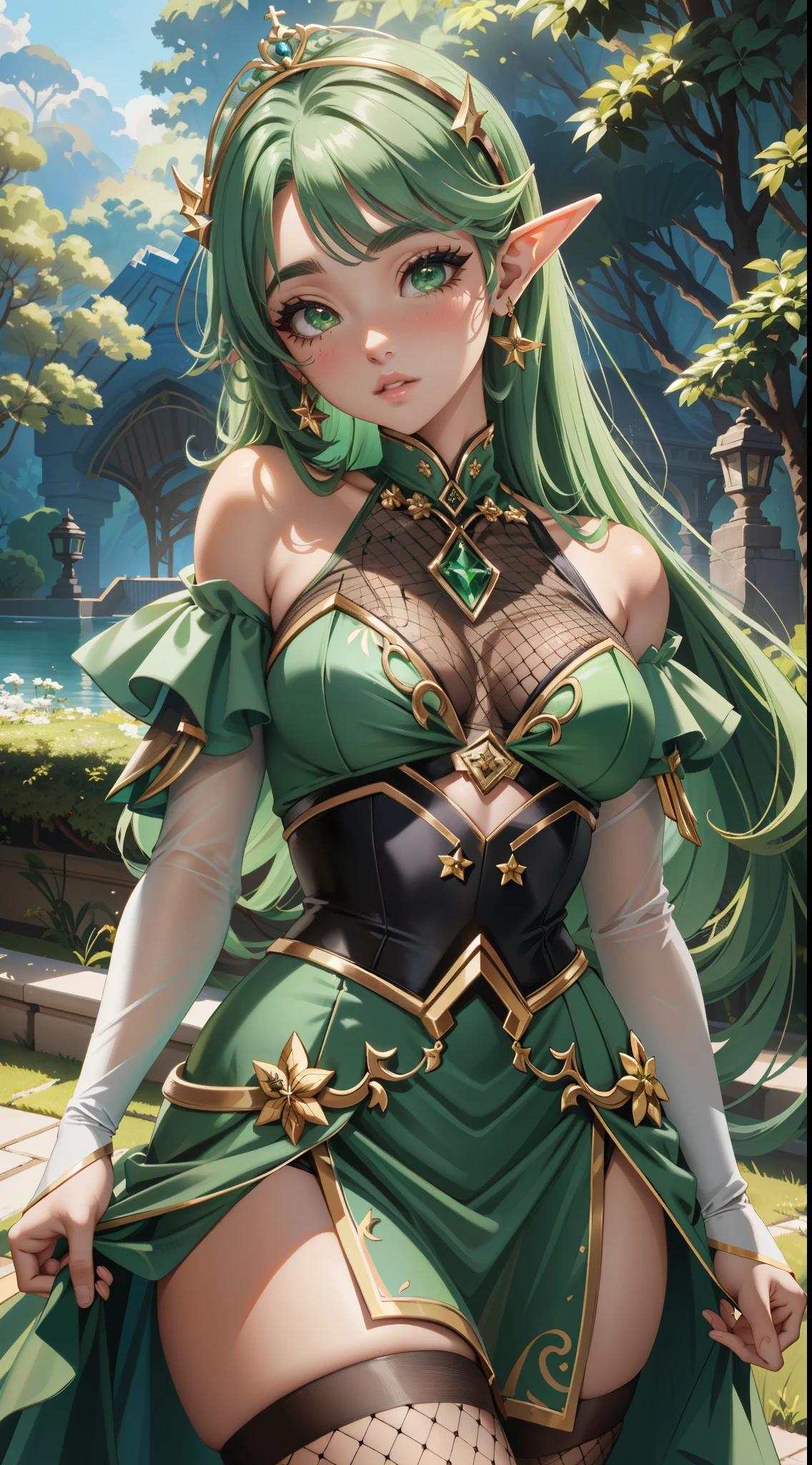 Ariana Grande dressed in green posing in a garden., (Seductora princesa elfa caballero), Artgerm extremadamente detallado, Princesa Elfa, inspirado en WLOP, Arte WLOP, (Reina Elfa:1.4), Hermosa y elegante reina elfa, WLOP RossDraws, Elf girl, Fantasy art style, ! dream artgerm, WLOP y Artgerm, ,More detailed 8K.motor irreal:1.4,UHD,La mejor calidad:1.4, fotorrealista:1.4, textura de la piel:1.4, obra maestra:1.8,obra-prima, mejor calidad,objeto Objeto], (detailed face features:1.3),(Ojos hermosos verdes:1.4),(hermosos dedos detallados) ,(fondo selva silvestres hojas grandes:1.4),(fishnet:1.4),Perfect anatomy,(vestido transparente sexy de seda blanca:1.4),(seda transparente miniskirt)