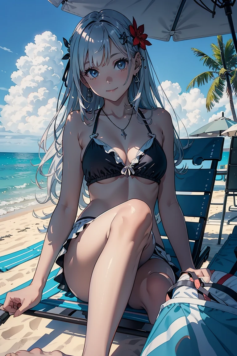 ​masterpiece, top-quality, Detailed details, Detailed landscapes, beatiful lights, Beautiful Shadows,one girls,ar old,n one's legs,Child's body shape,huge smile,detailed skin textures,flipflops,long,Bunching hair,Silver hair ornament、silber hair,piercings、Silver necklace、Red bright eyes、Children's swimwear,Fluffy swimsuit,Flip fluffy mini skirt,sea side、beach chair,sitting on、beach parasol、L size drinkle sky、llight rays、High contrast,((Oblique view from below))