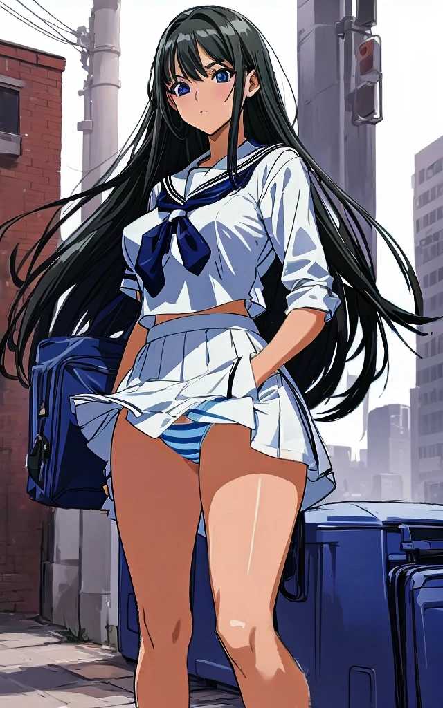 A beautiful woman with long black hair, big breasts, and beautiful legs is standing in a building in front of the station wearing a sailor uniform with a white miniskirt, her crotch visible in light blue and blue striped panties.。A homeless middle-aged man is standing in the background.。