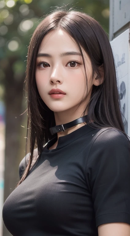 Photorealistic, masutepiece, Best Quality, Raw photo, 1girl in, Solo, Long hair, Brown hair, Detailed face, alluring face, Black shirt with collar, medium breasts, Dynamic Pose, Looking at Viewer, From below, Detailed background, fine detailed, intricate detailes, Ray tracing, depth of fields, lowkey, nffsw