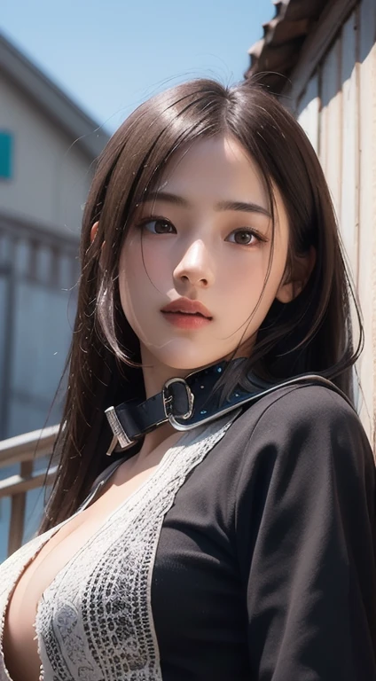 Photorealistic, masutepiece, Best Quality, Raw photo, 1girl in, Solo, Long hair, Brown hair, Detailed face, alluring face, Black shirt with collar, medium breasts, Dynamic Pose, Looking at Viewer, From below, Detailed background, fine detailed, intricate detailes, Ray tracing, depth of fields, lowkey, nffsw