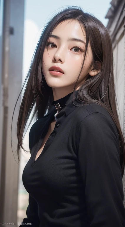 Photorealistic, masutepiece, Best Quality, Raw photo, 1girl in, Solo, Long hair, Brown hair, Detailed face, alluring face, Black shirt with collar, medium breasts, Dynamic Pose, Looking at Viewer, From below, Detailed background, fine detailed, intricate detailes,  Ray tracing, depth of fields, lowkey, nffsw