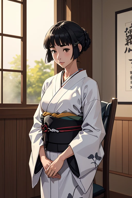 1 girl, alone, myoukou \(Kancolle\), inside, Japanese style room, chair, Shiromuku, simple white kimono, Seiza, innocent, standing holding a katana in its sheath