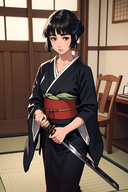 1 girl, alone, myoukou \(Kancolle\), inside, Japanese style room, chair, Shiromuku, simple white kimono, Seiza, innocent, standing holding a katana in its sheath