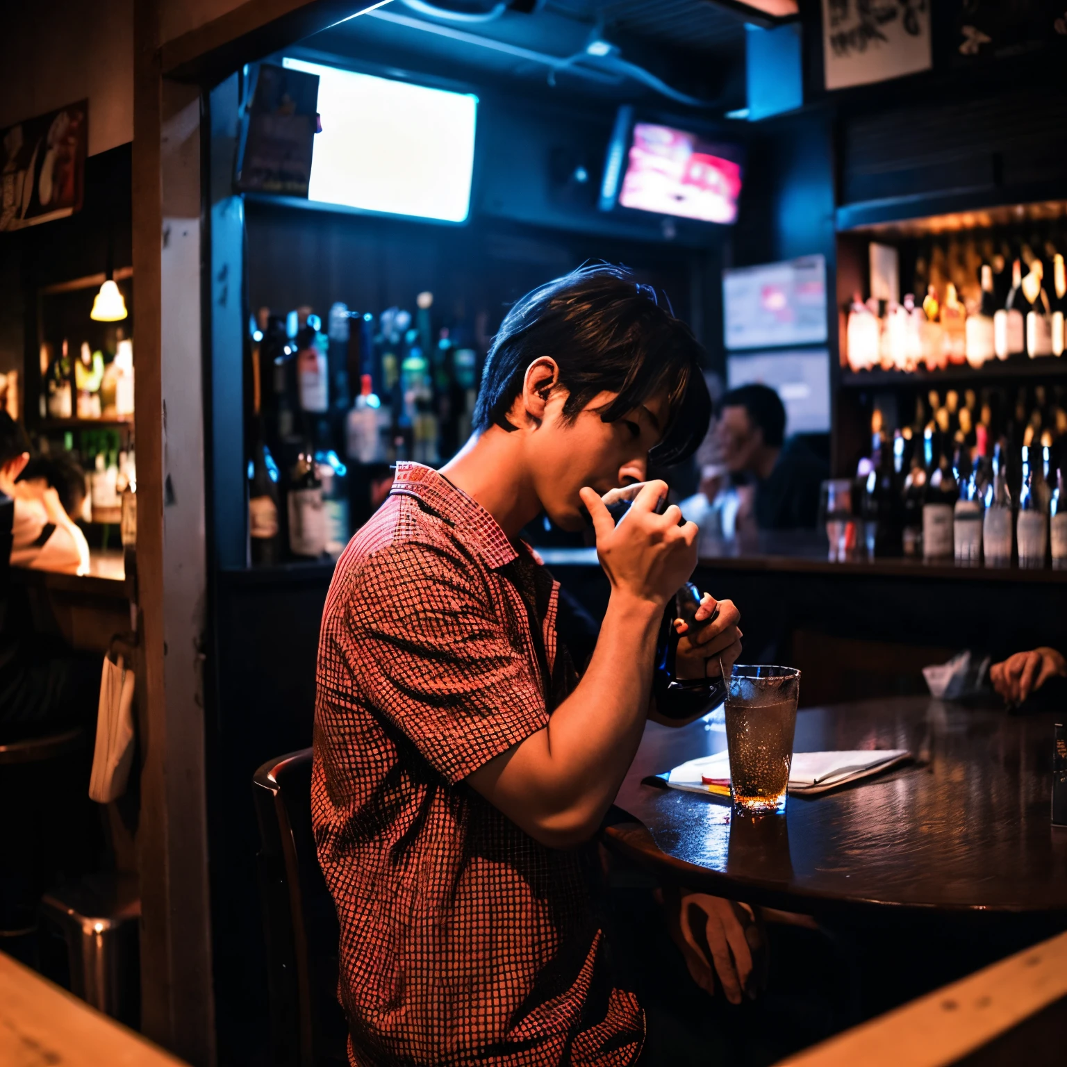 male people japanes Salt face twinks One heavy Charai Photographs from a distance Wearing plain clothes Drinking at the bar Dark room I'm a little overwhelmed. Facing the front Alone Holding a glass in your hand