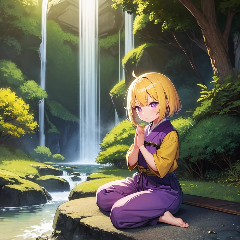 anime kid gishort yellow hair with purple eyes wearing a a yellow ancient Japanese shirt and purple ancient Japanese pants and no shoes. She sitting crisscrossed and her hands praying looking determined a big rock looking confident with a waterfall directly behind her at night