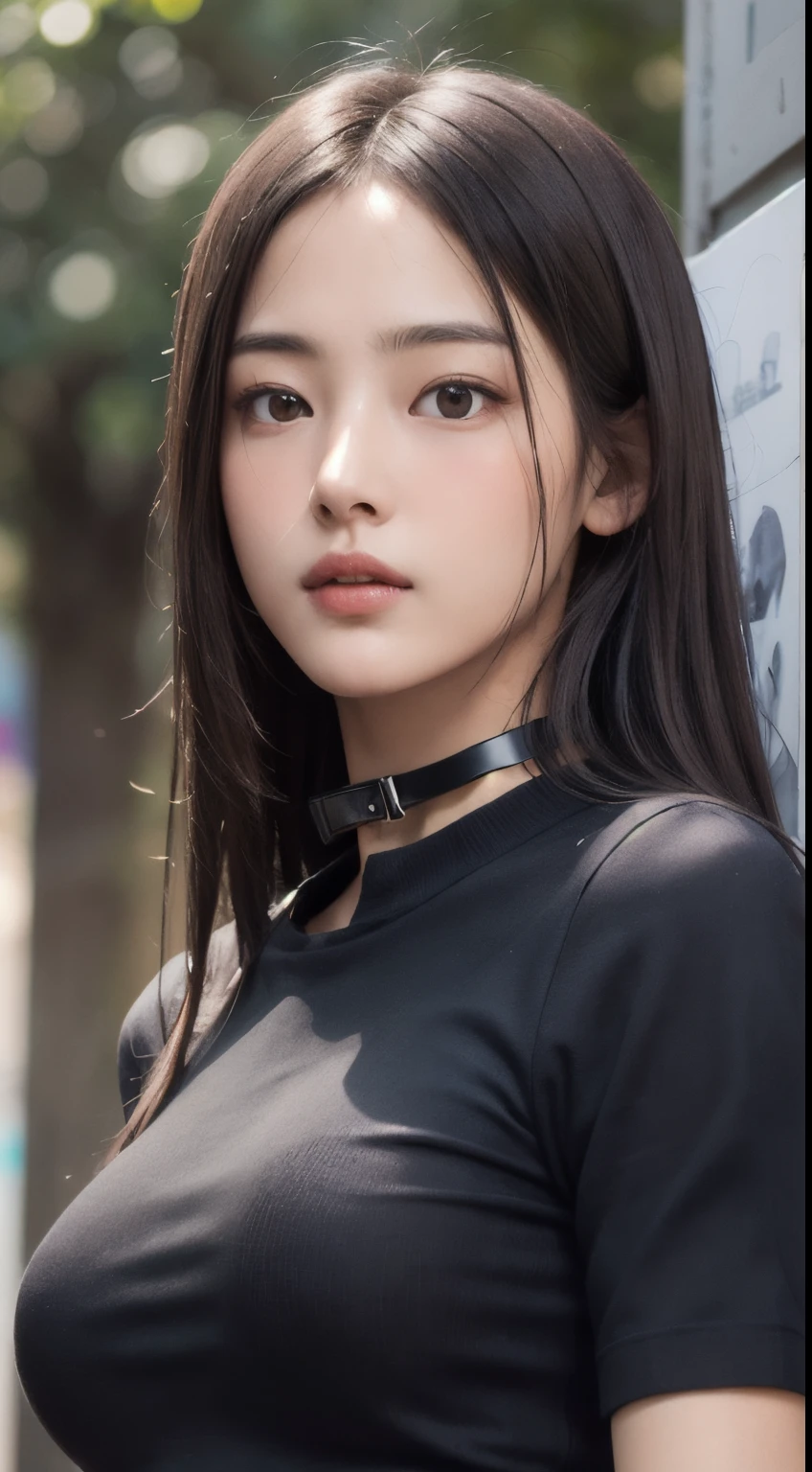 Photorealistic, masutepiece, Best Quality, Raw photo, 1girl in, Solo, Long hair, Brown hair, Detailed face, alluring face, Black shirt with collar, medium breasts, Dynamic Pose, Looking at Viewer, From below, Detailed background, fine detailed, intricate detailes, Ray tracing, depth of fields, lowkey, nffsw