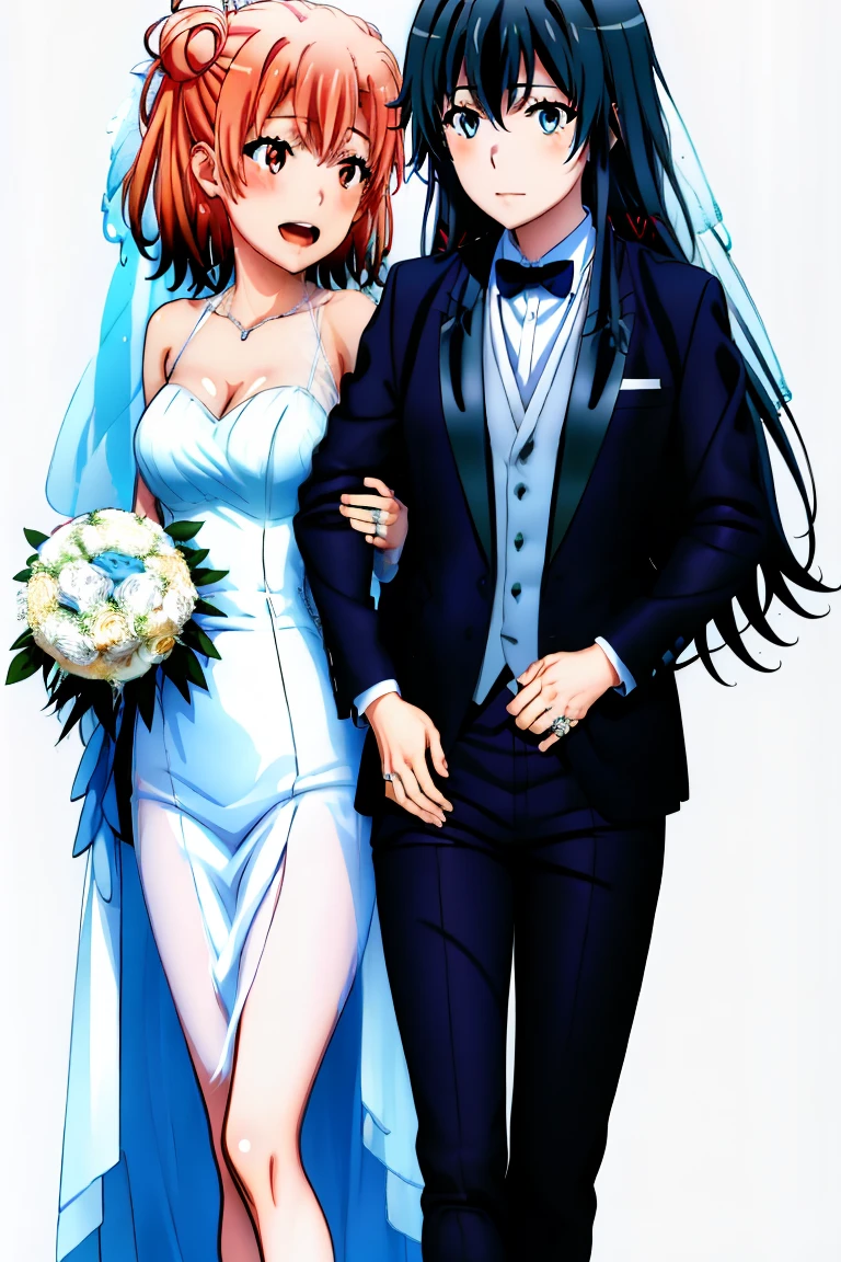 (Best Quality), 2Woman,2girl , yukinoshita yukino, Yuigahama yui , marriage, yukinoshita yukino wears tuxedo , eyes blue, White shirt under the jacket of , business suit, suit, Tuxedo,,Yuigahama yui wears wedding Dress, yukinoshita yukino holding Yuigahama's Waist